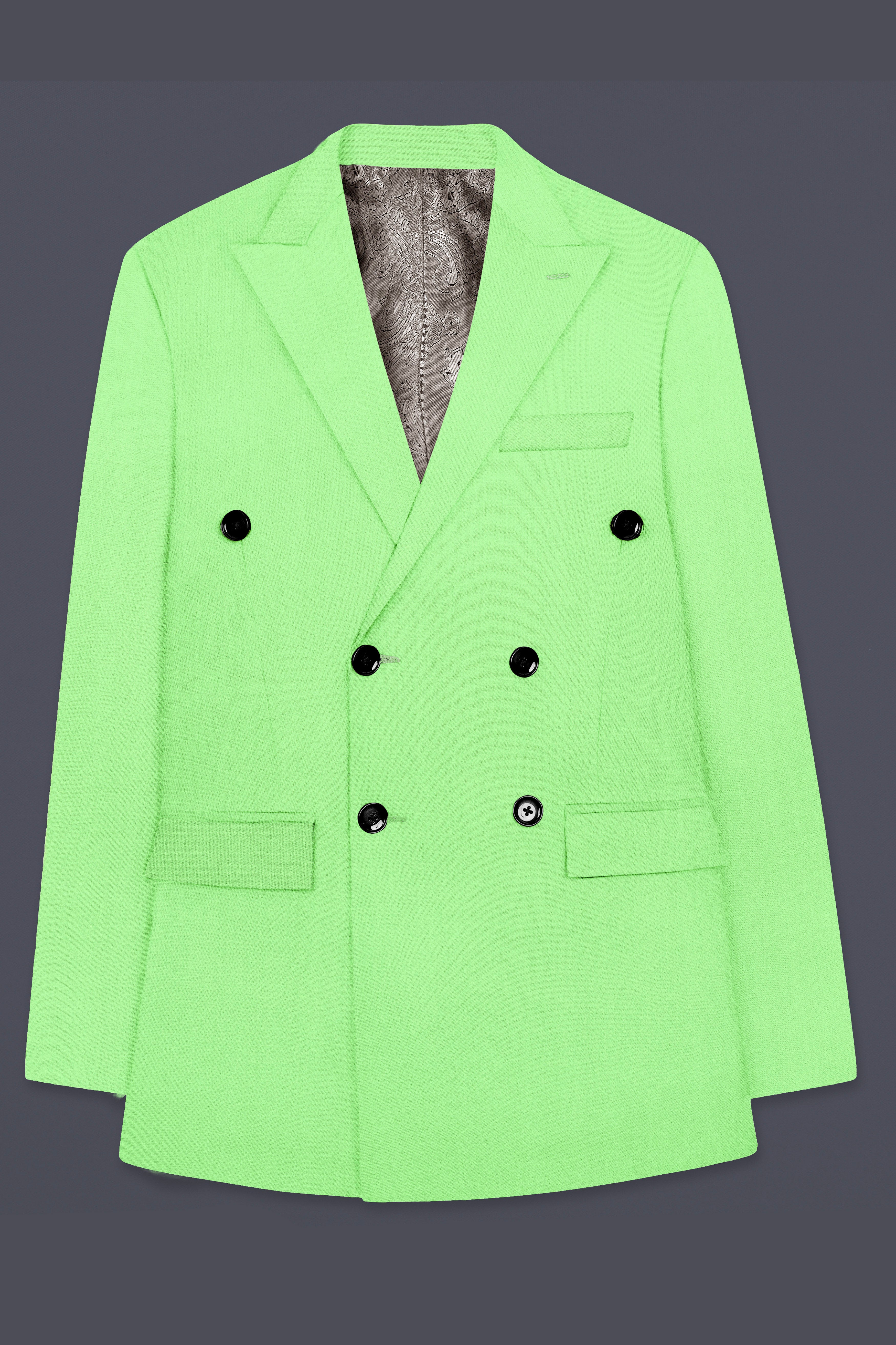 Emerald-Mint Green Solid Wool Rich Double Breasted Slight Stretch Blazer