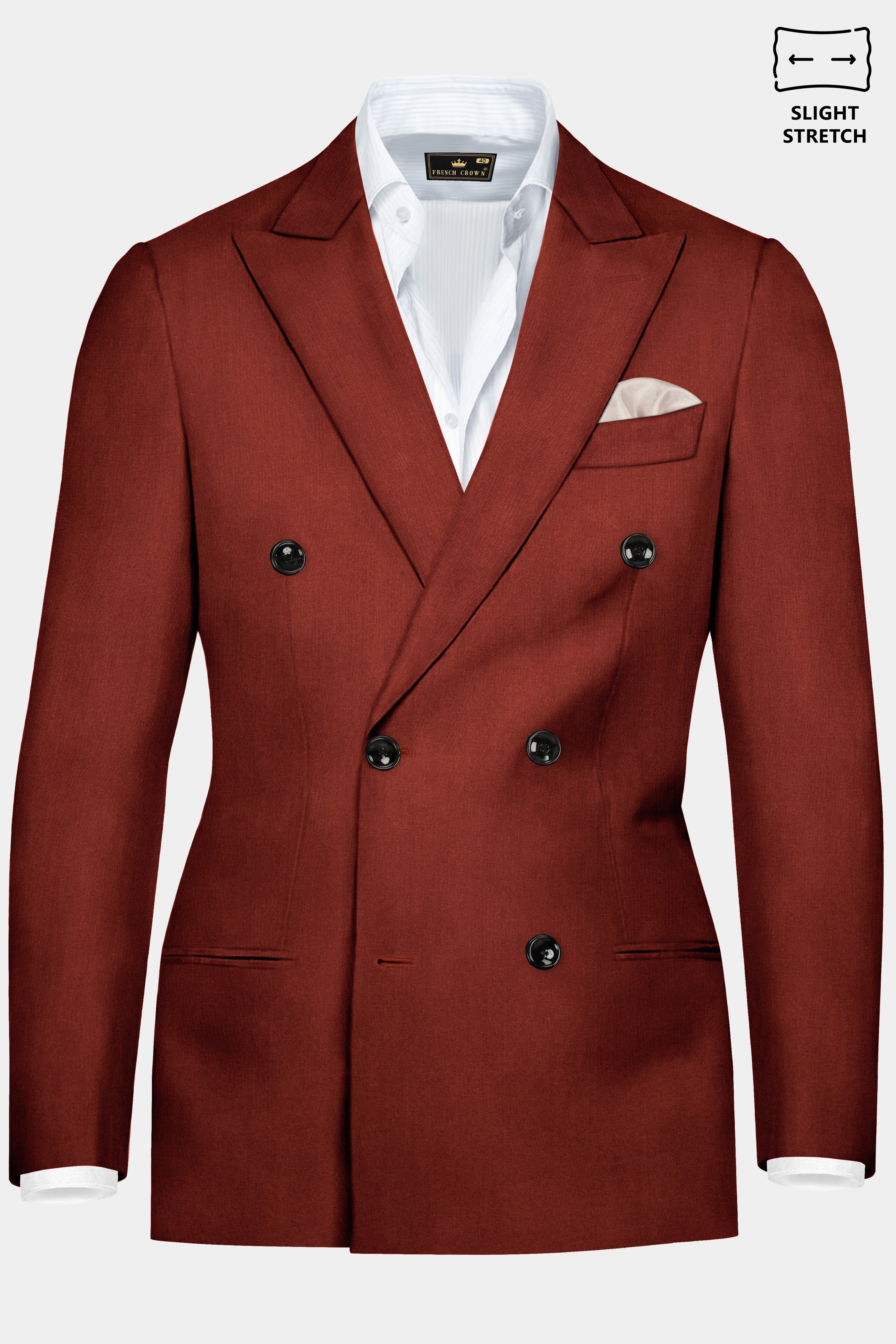 Inferno Rust-Brick Red Solid Wool Rich Double Breasted Slight Stretch Blazer