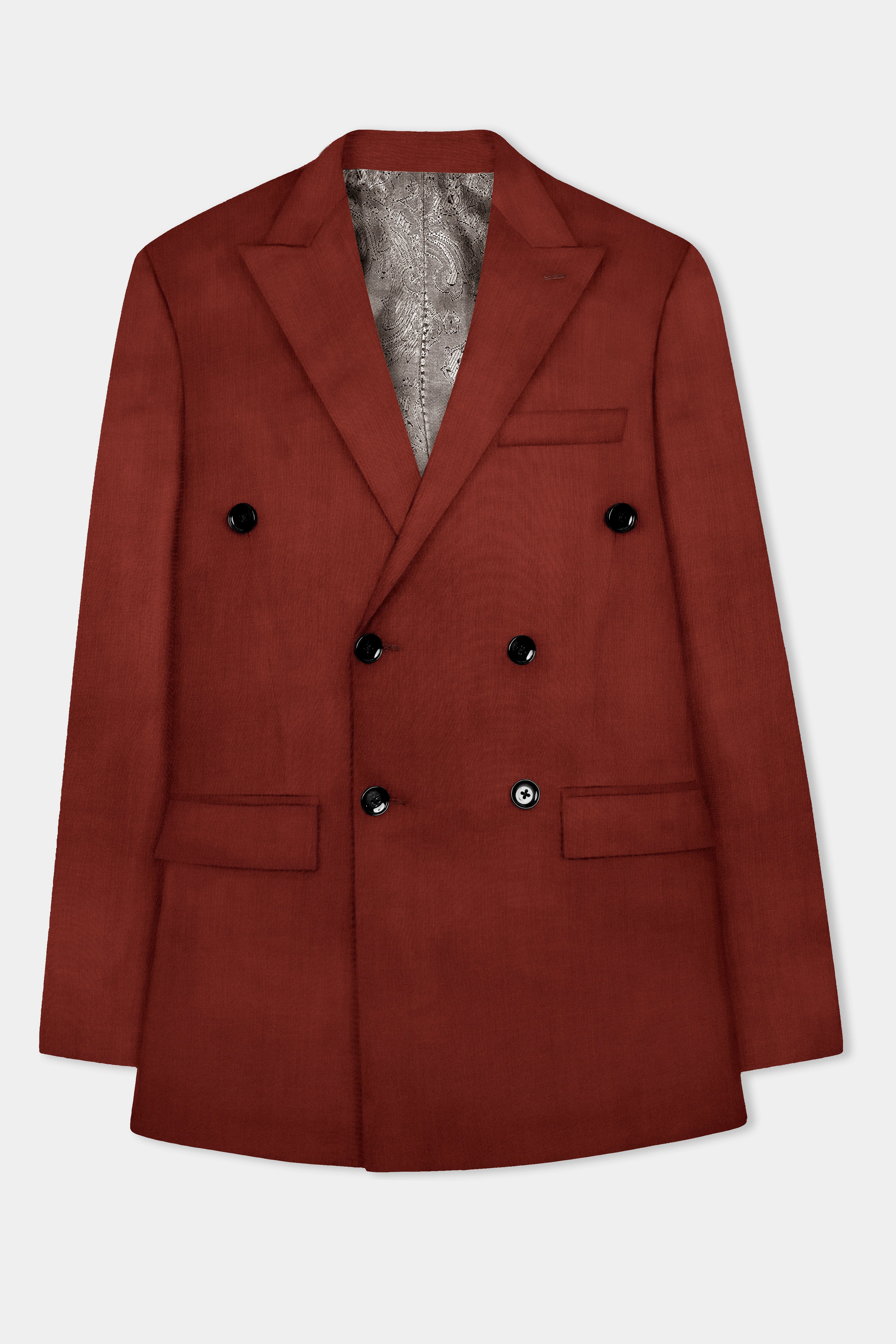 Inferno Rust-Brick Red Solid Wool Rich Double Breasted Slight Stretch Blazer