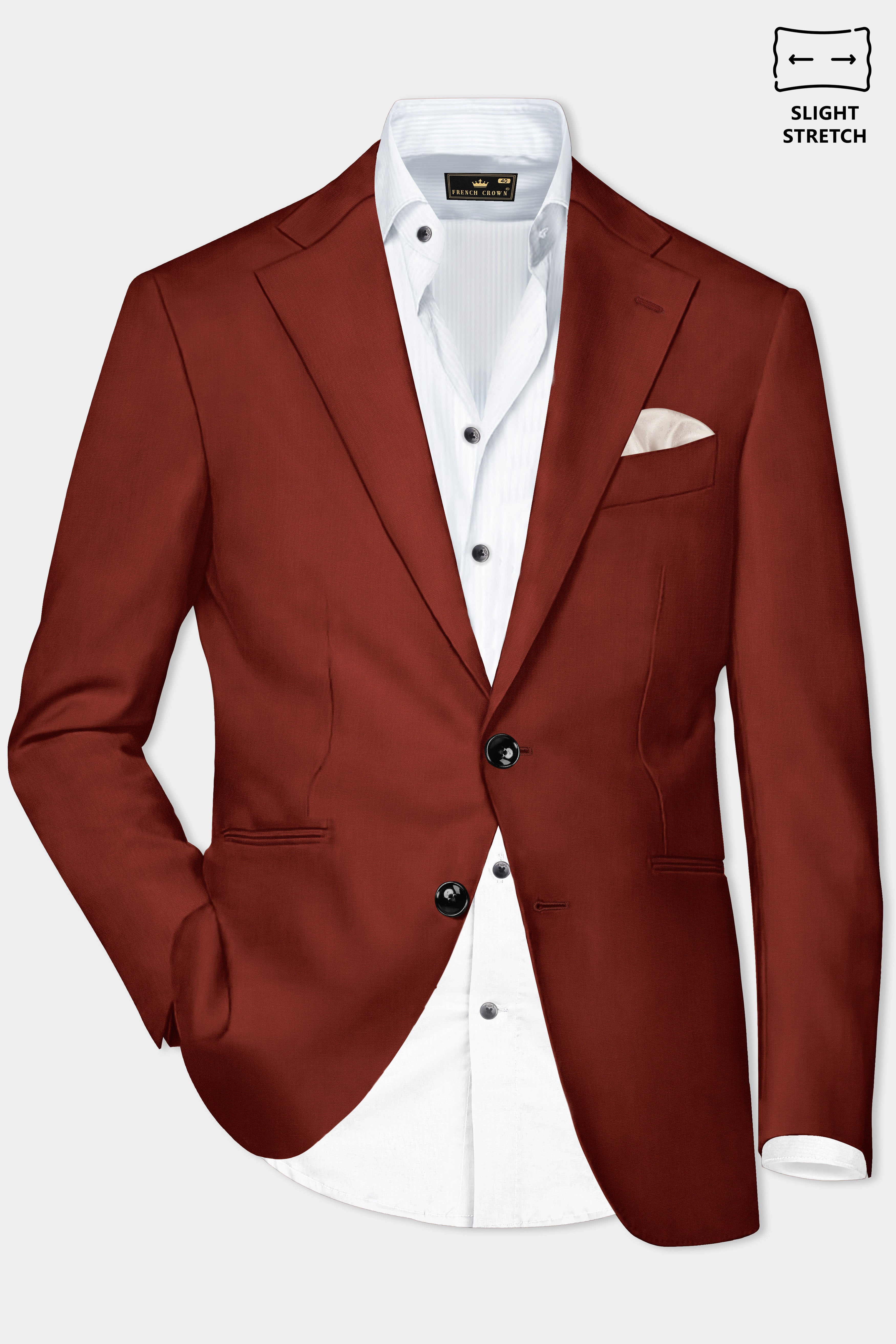 Inferno Rust-Brick Red Solid Wool Rich Single Breasted Slight Stretch Blazer