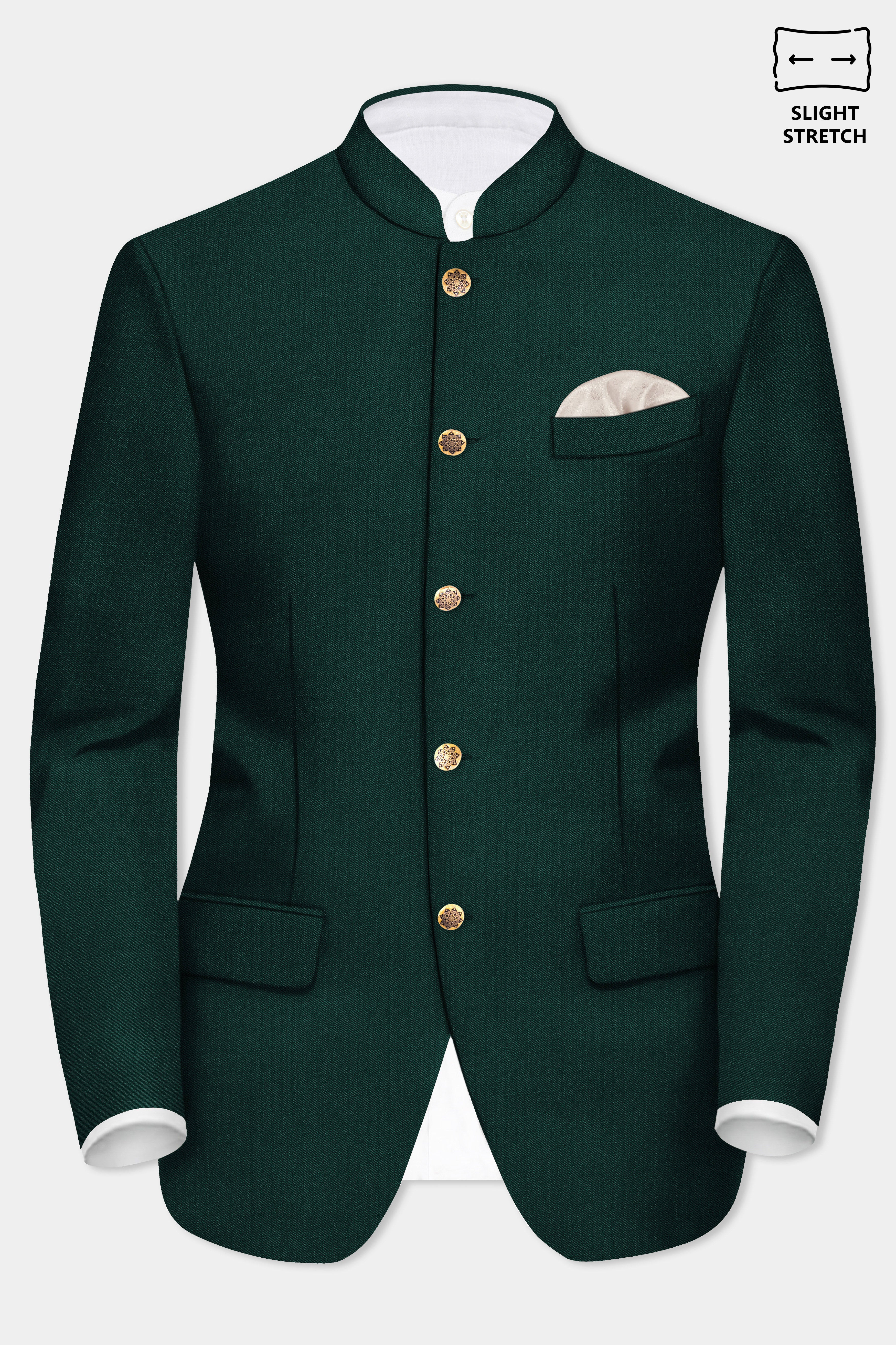 Emerald-Zucchini Green Solid Wool Rich Bandhgala Slight Stretch Blazer