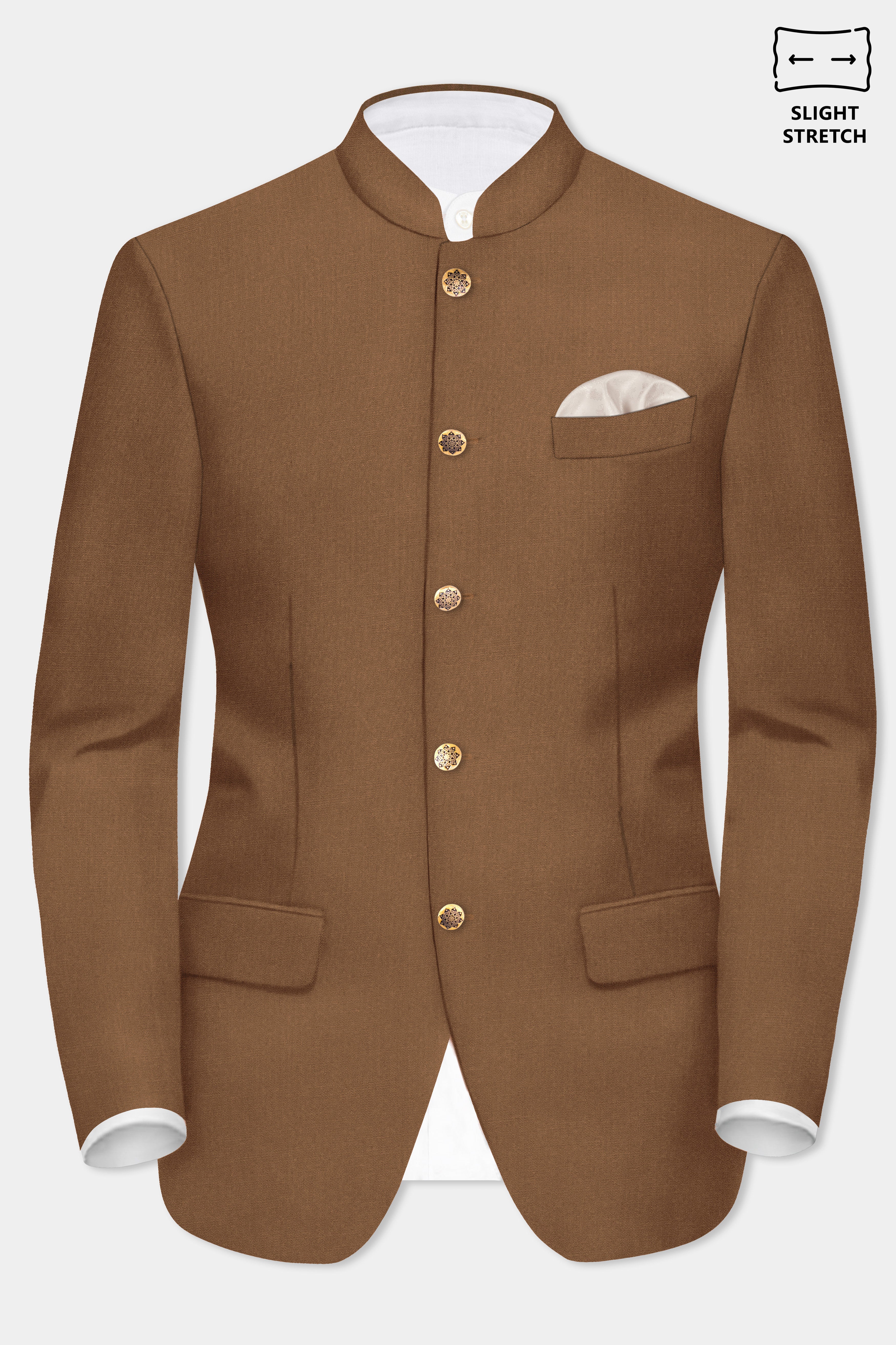 Bronze-Tawny Brown Solid Wool Rich Bandhgala Slight Stretch Blazer