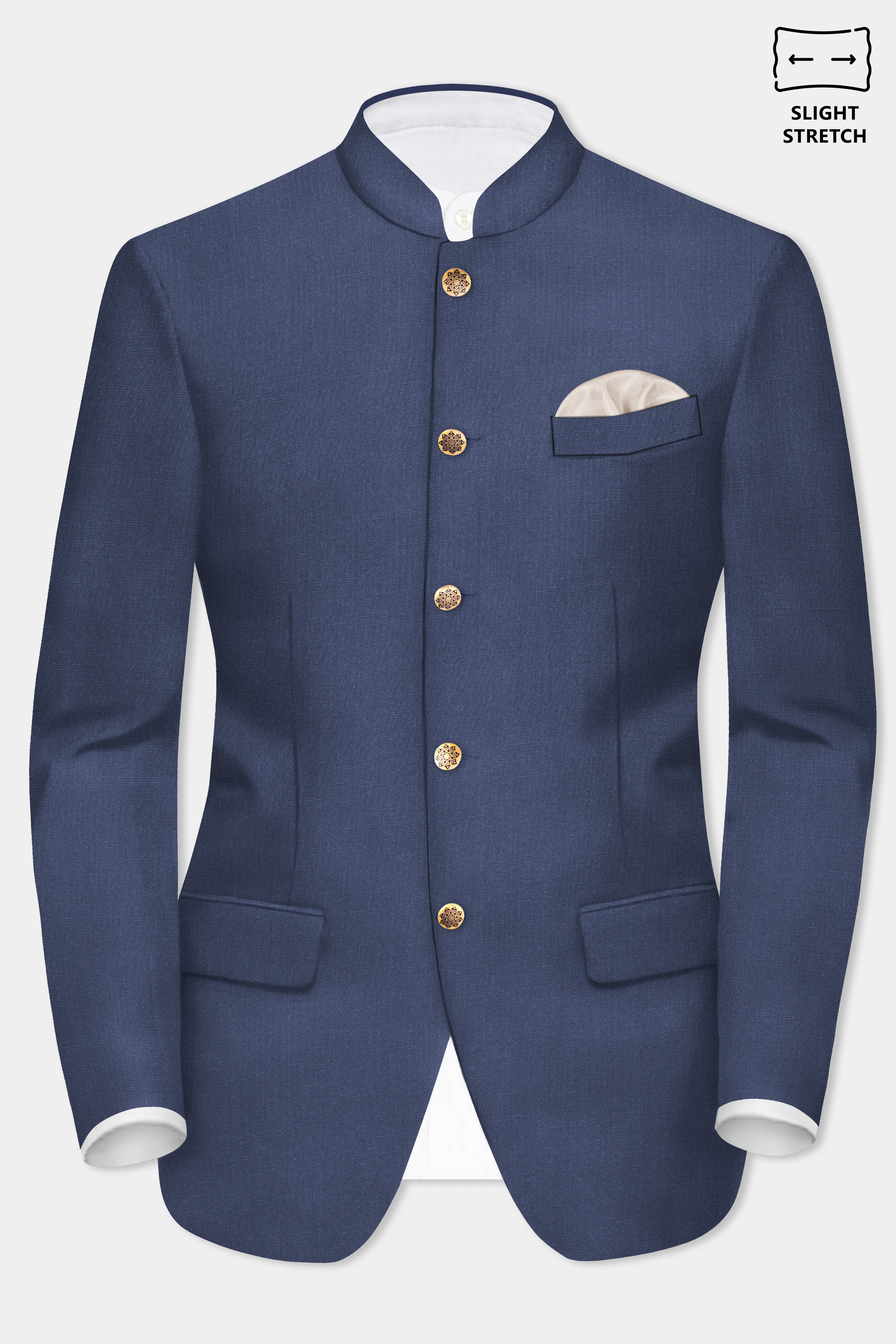 Sapphire-Glaucous Blue Solid Wool Rich Bandhgala Slight Stretch Blazer