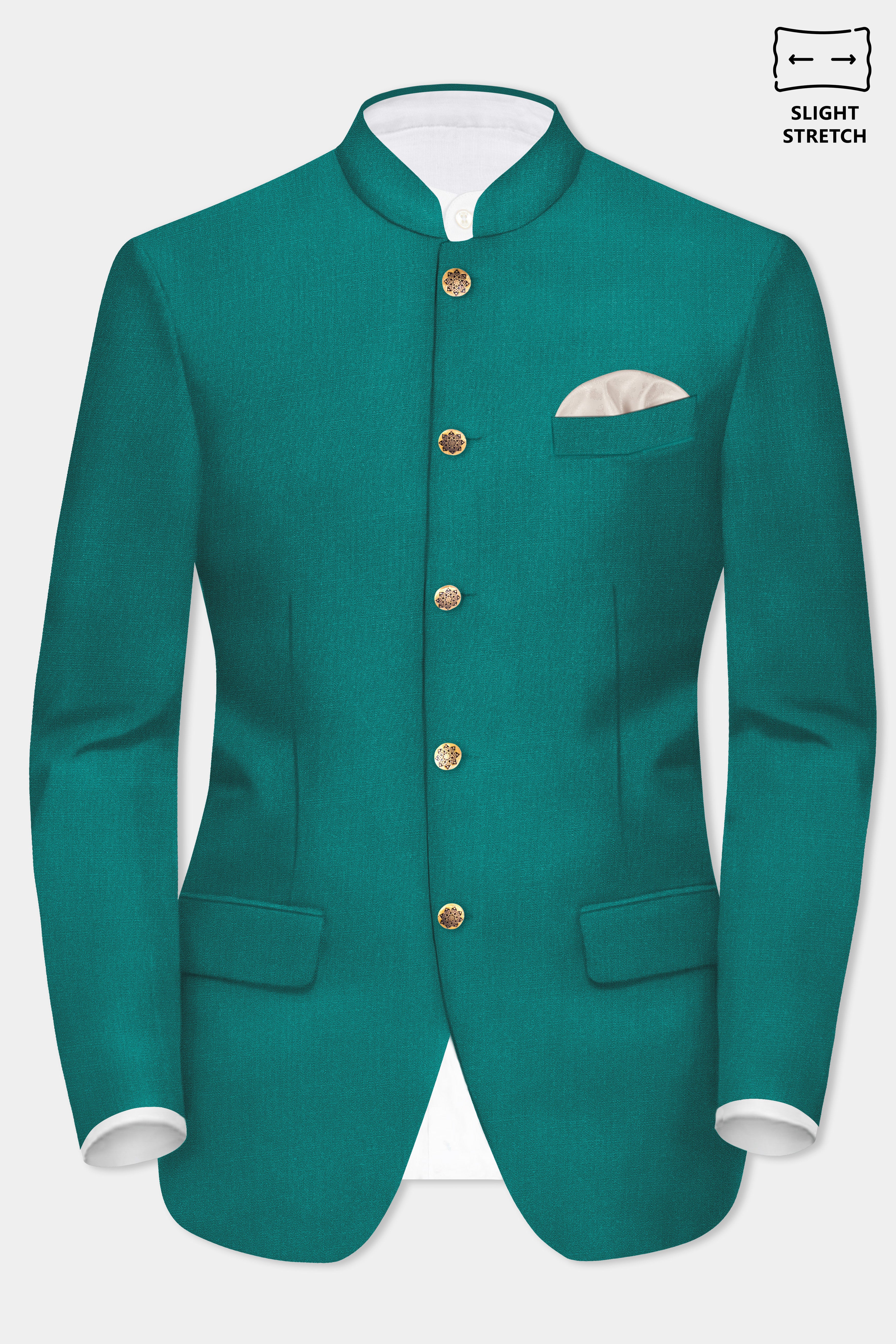 Verdant Classic-Surfie Green Solid Wool Rich Bandhgala Slight Stretch Blazer