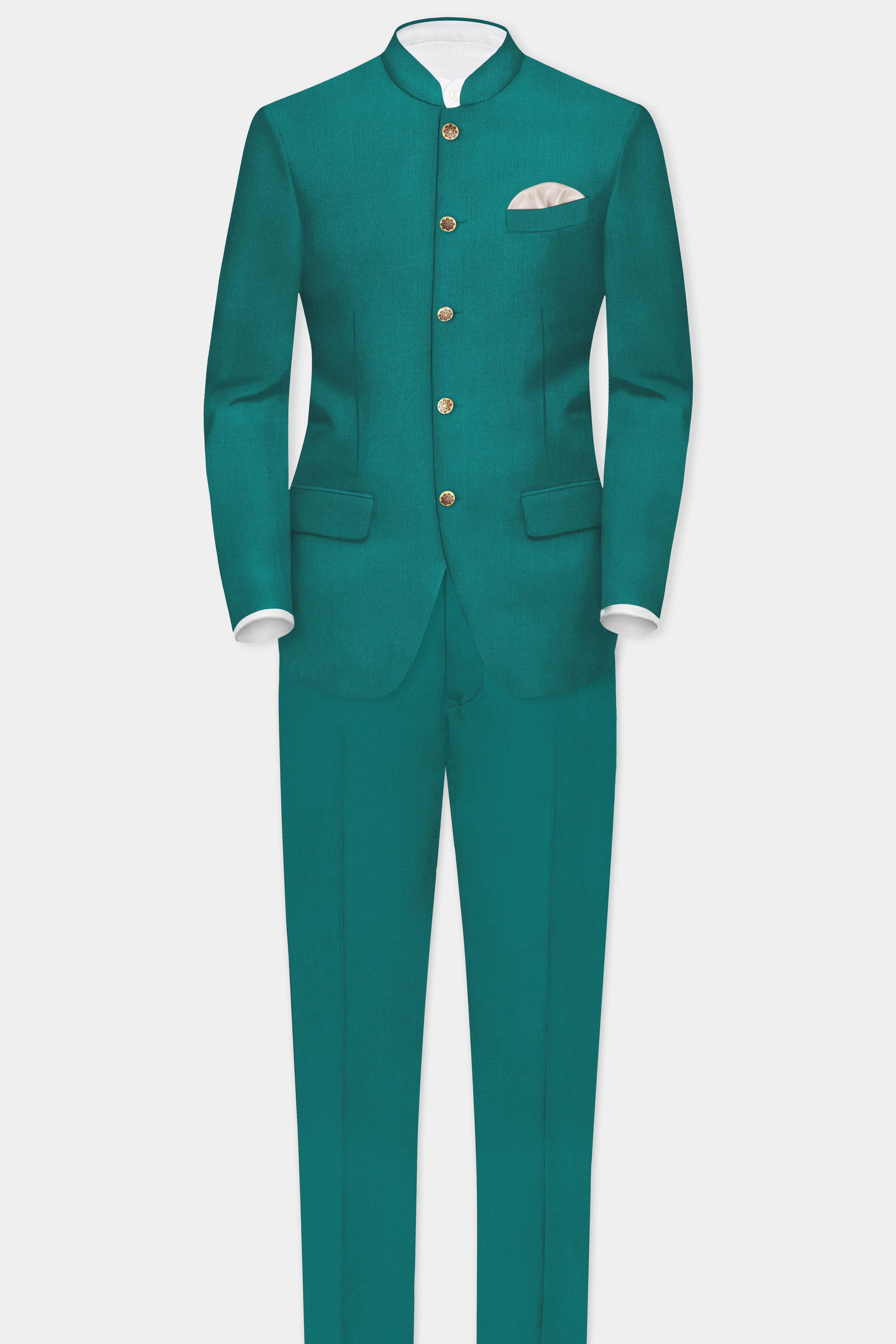Verdant Classic-Surfie Green Solid Wool Rich Bandhgala Slight Stretch Blazer