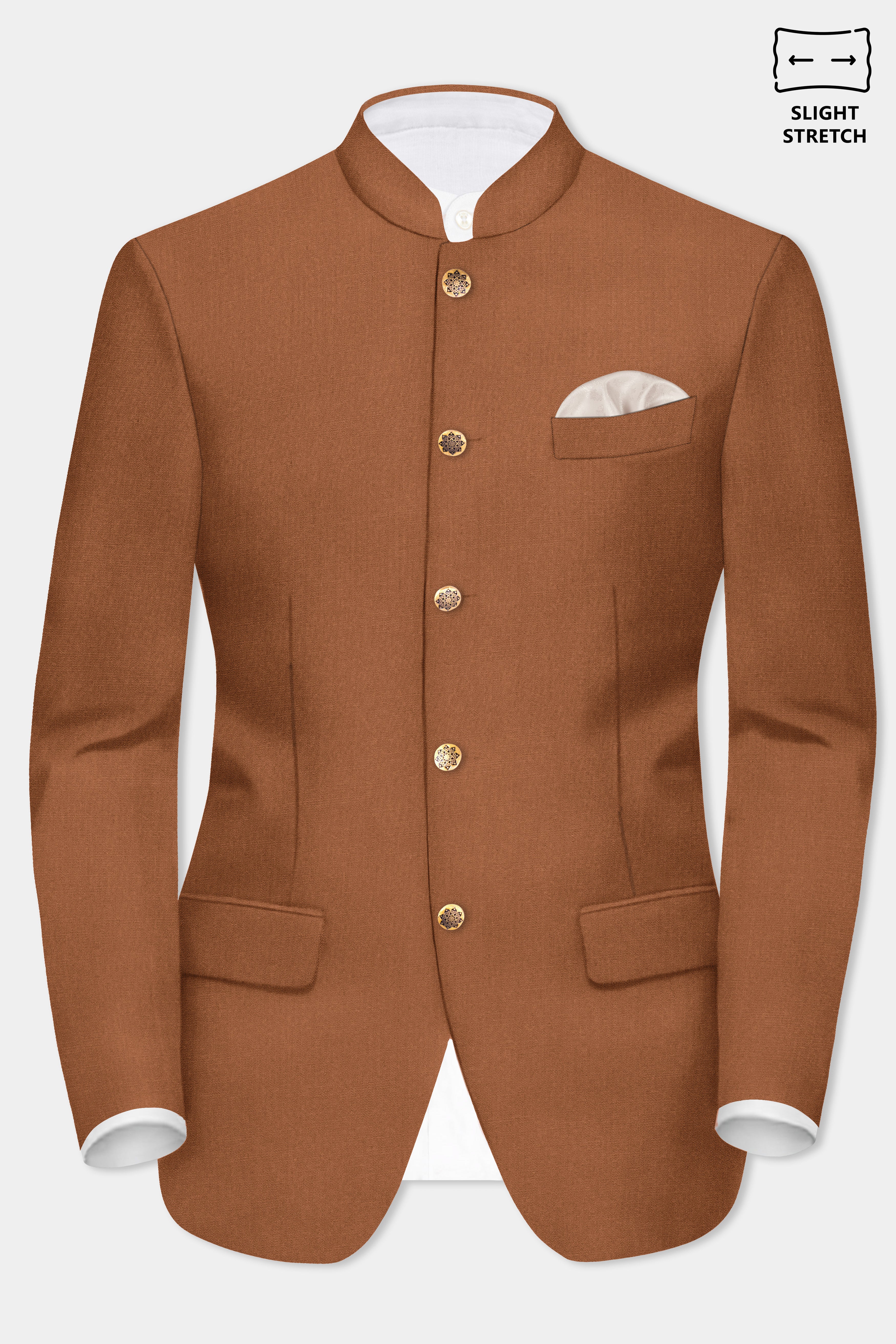 Cinnamon Oak-Sienna Brown Solid Wool Rich Bandhgala Slight Stretch Blazer