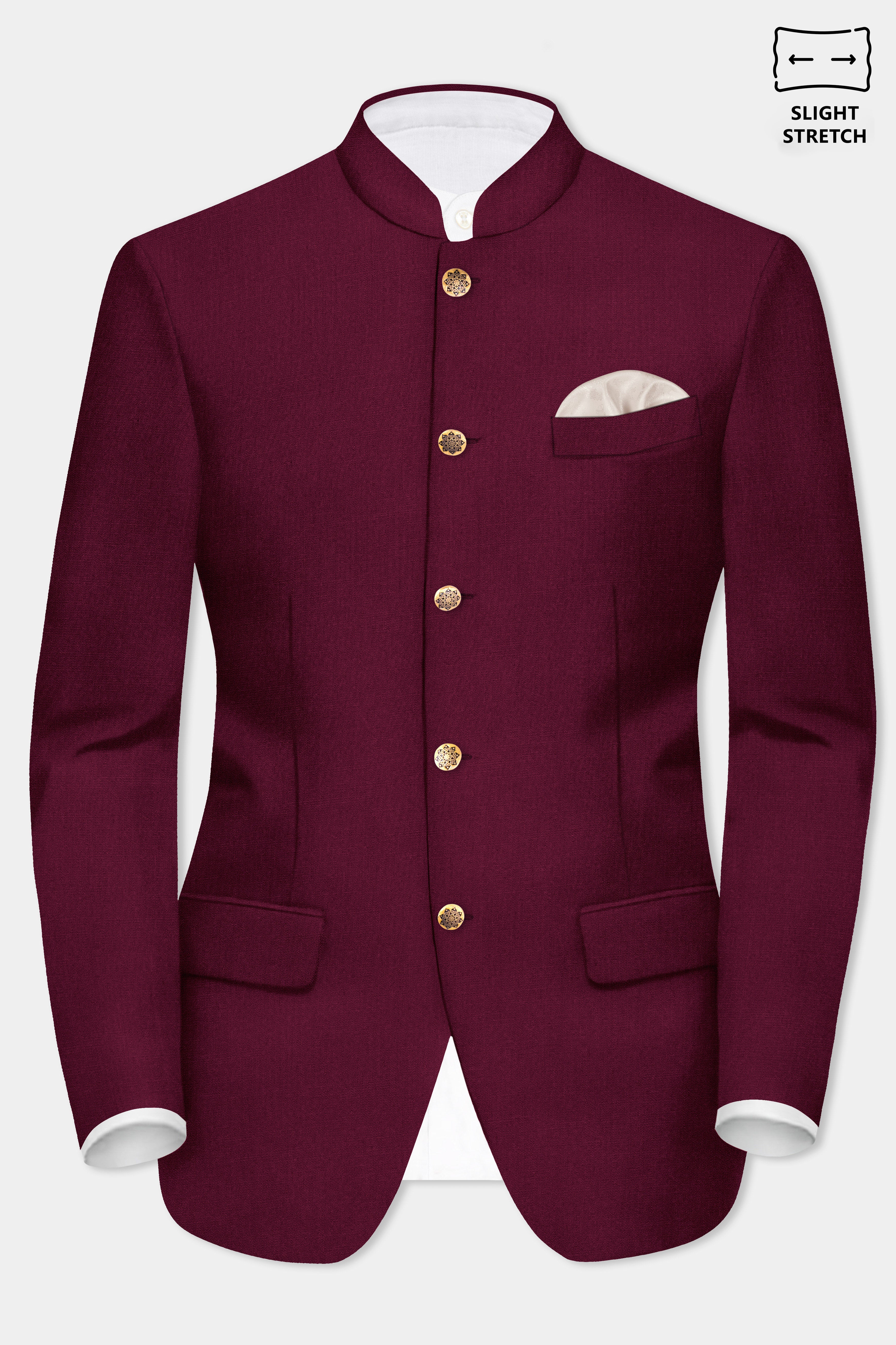 Regal Maroon-Tamarind Solid Wool Rich Bandhgala Slight Stretch Blazer