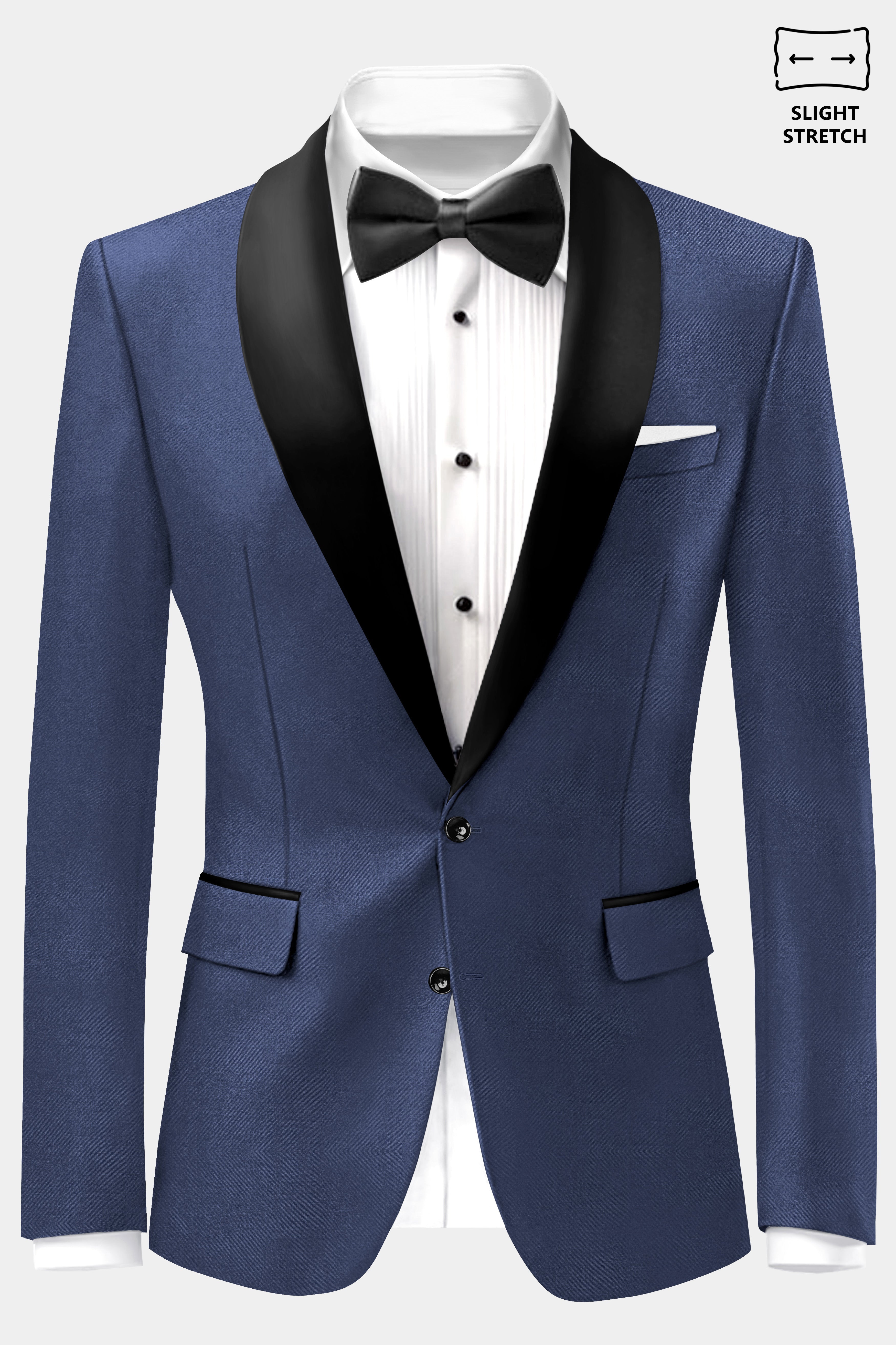 Sapphire-Glaucous Blue Solid Wool Rich Tuxedo Slight Stretch Blazer