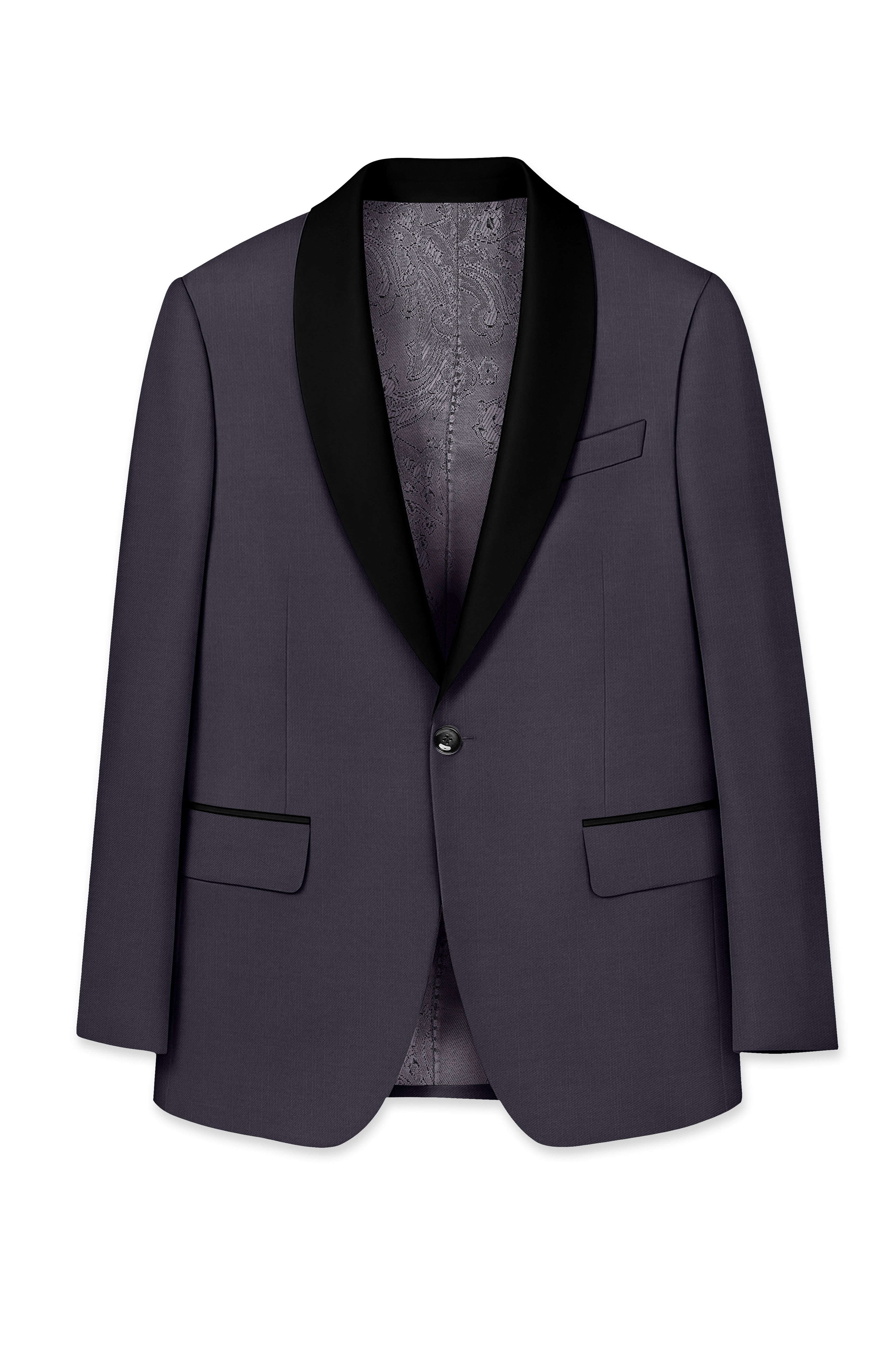 Sapphire-Glaucous Gray Solid Wool Rich Tuxedo Slight Stretch Blazer