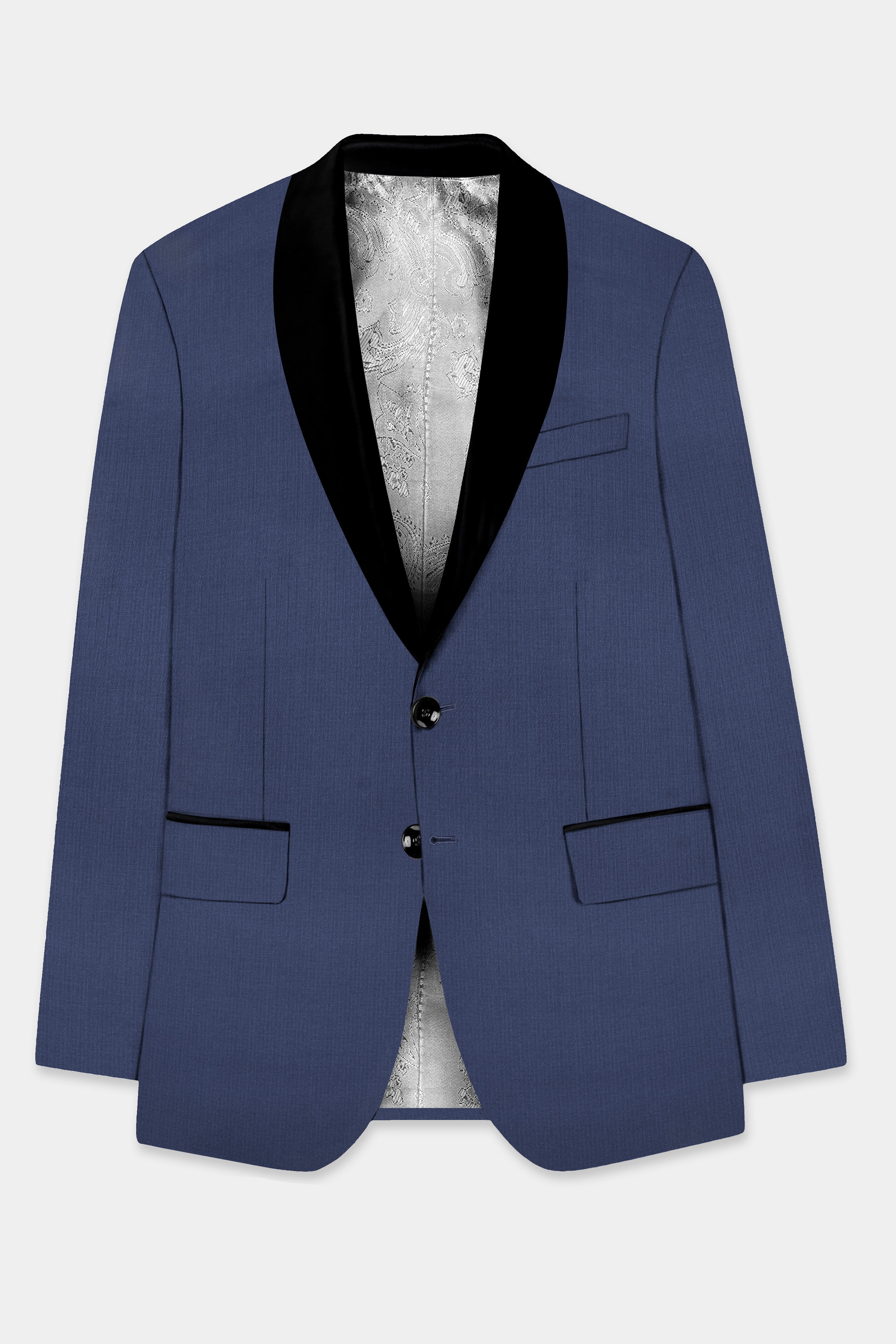 Sapphire-Glaucous Blue Solid Wool Rich Tuxedo Slight Stretch Blazer