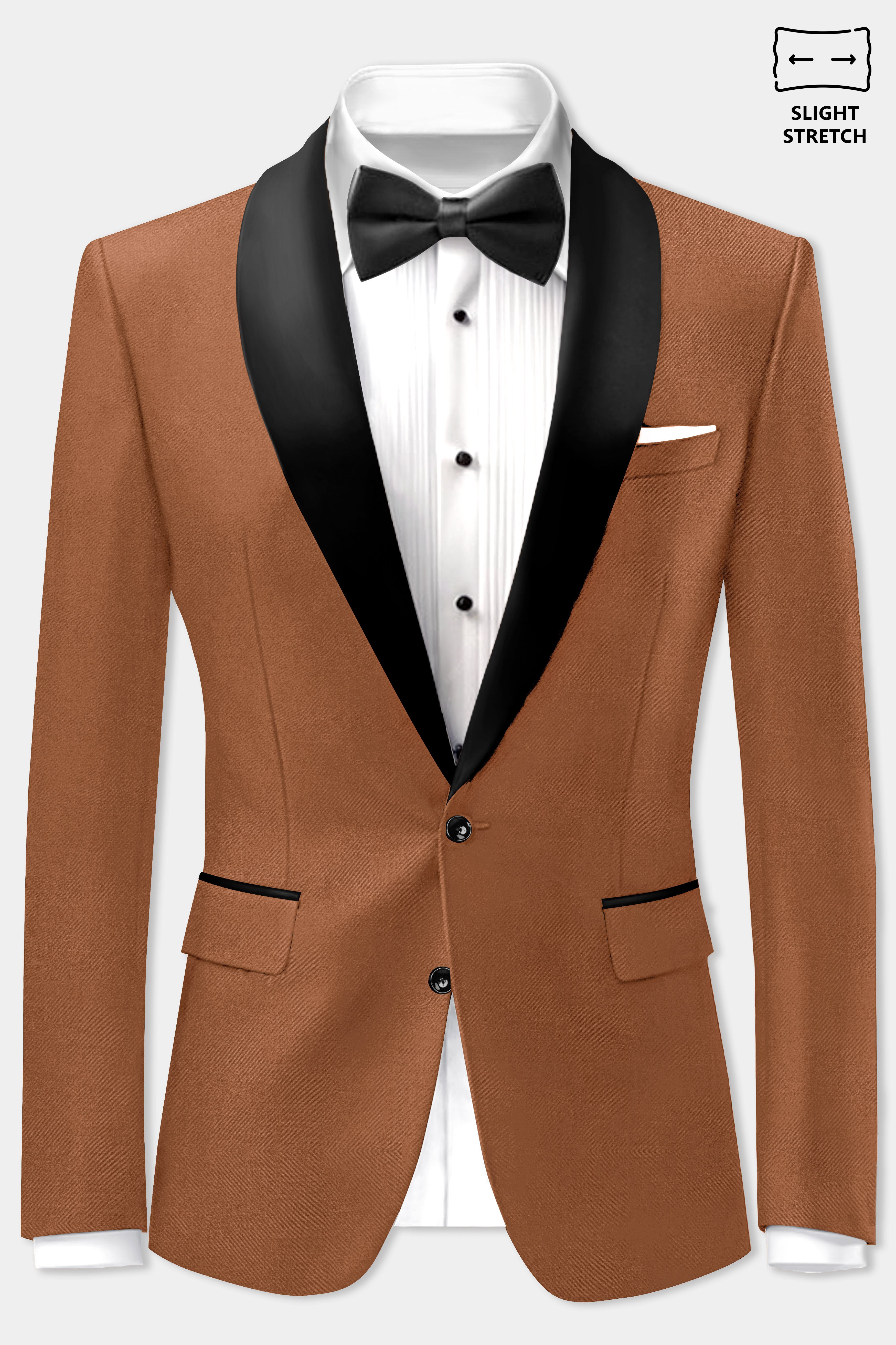 Cinnamon Oak-Sienna Brown Solid Wool Rich Tuxedo Slight Stretch Blazer