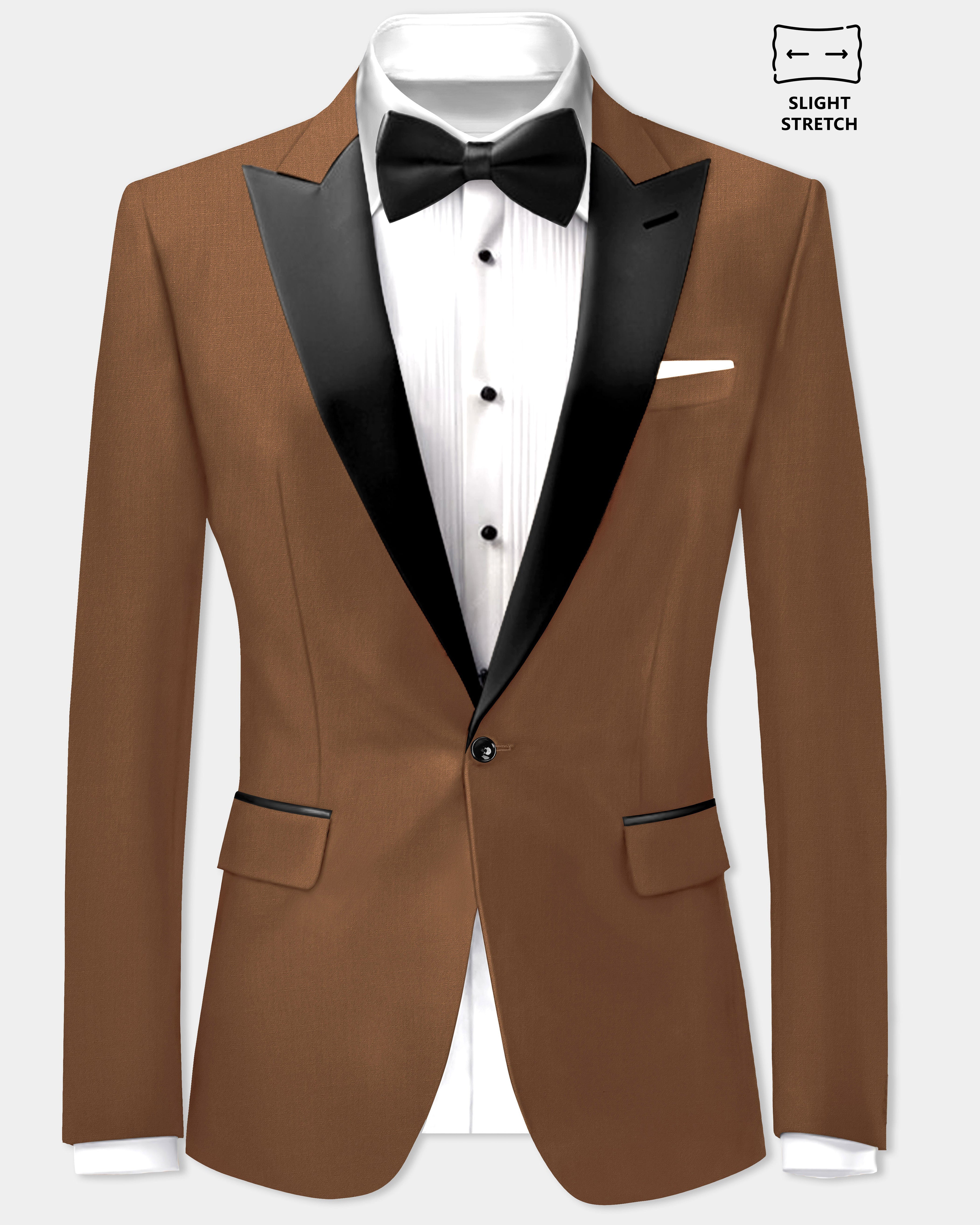 Bronze-Tawny Brown Solid Wool Rich Peak Lapel Tuxedo Slight Stretch Blazer