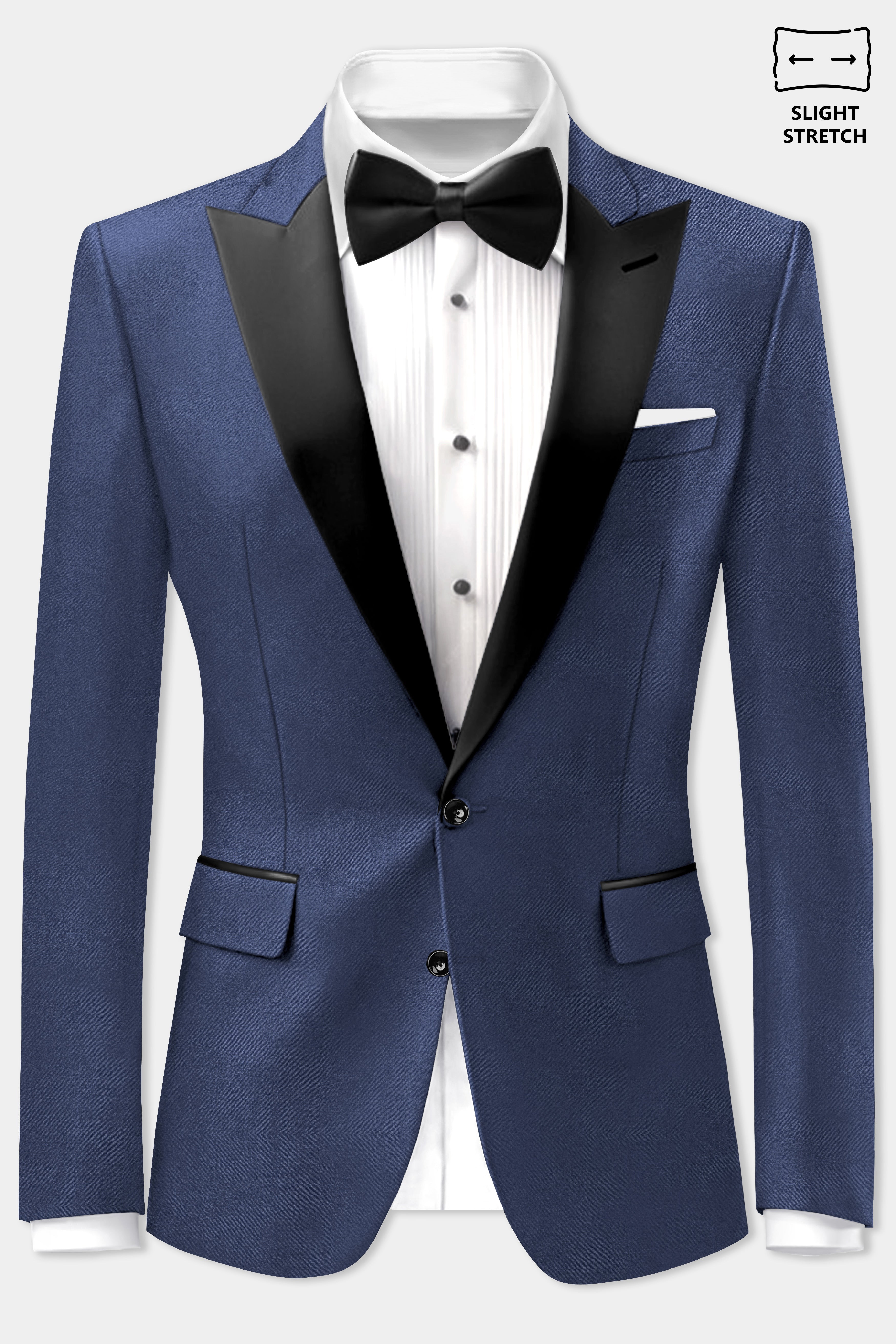 Sapphire-Glaucous Blue Solid Wool Rich Peak Lapel Tuxedo Slight Stretch Blazer