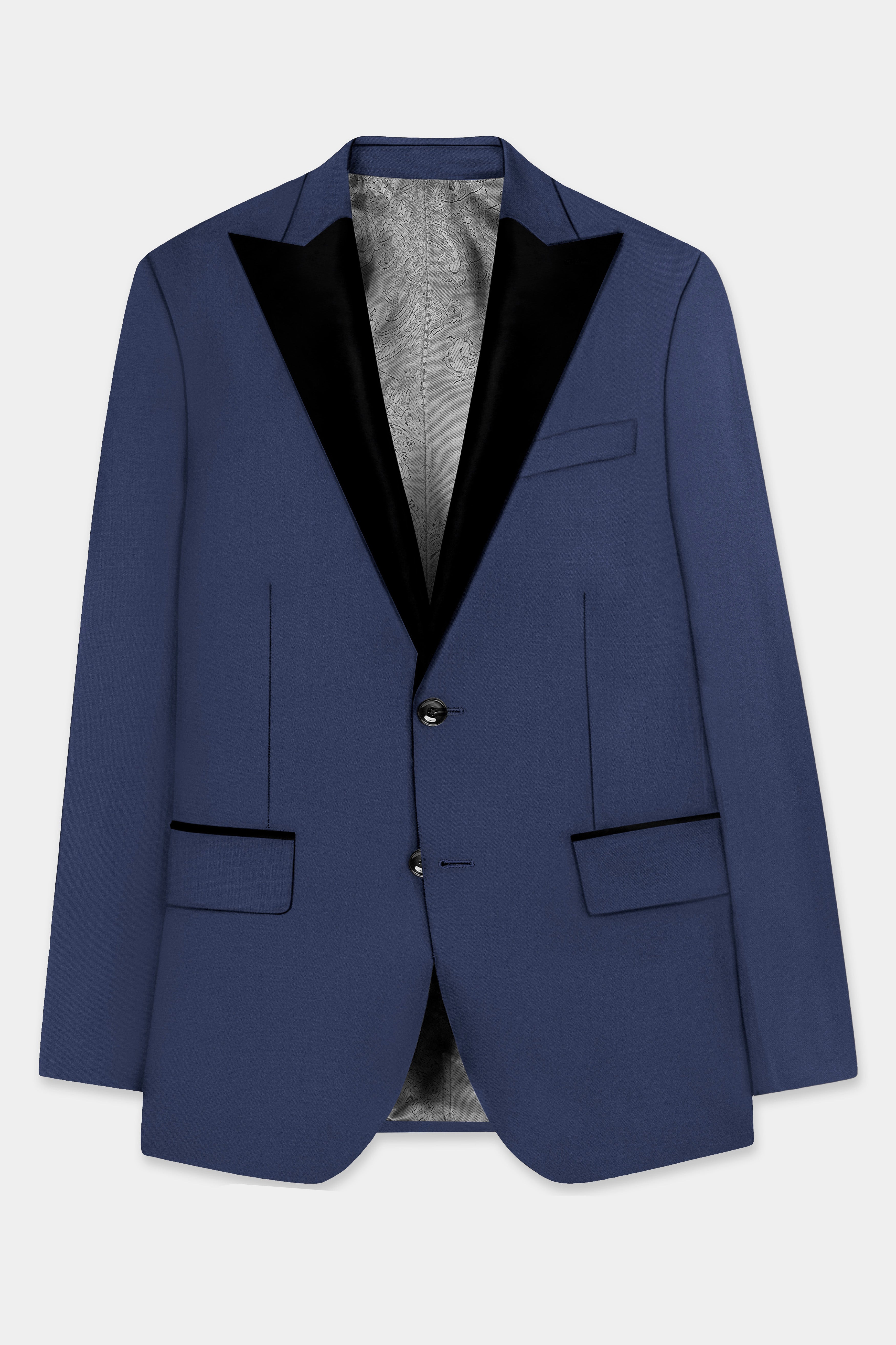 Sapphire-Glaucous Blue Solid Wool Rich Peak Lapel Tuxedo Slight Stretch Blazer