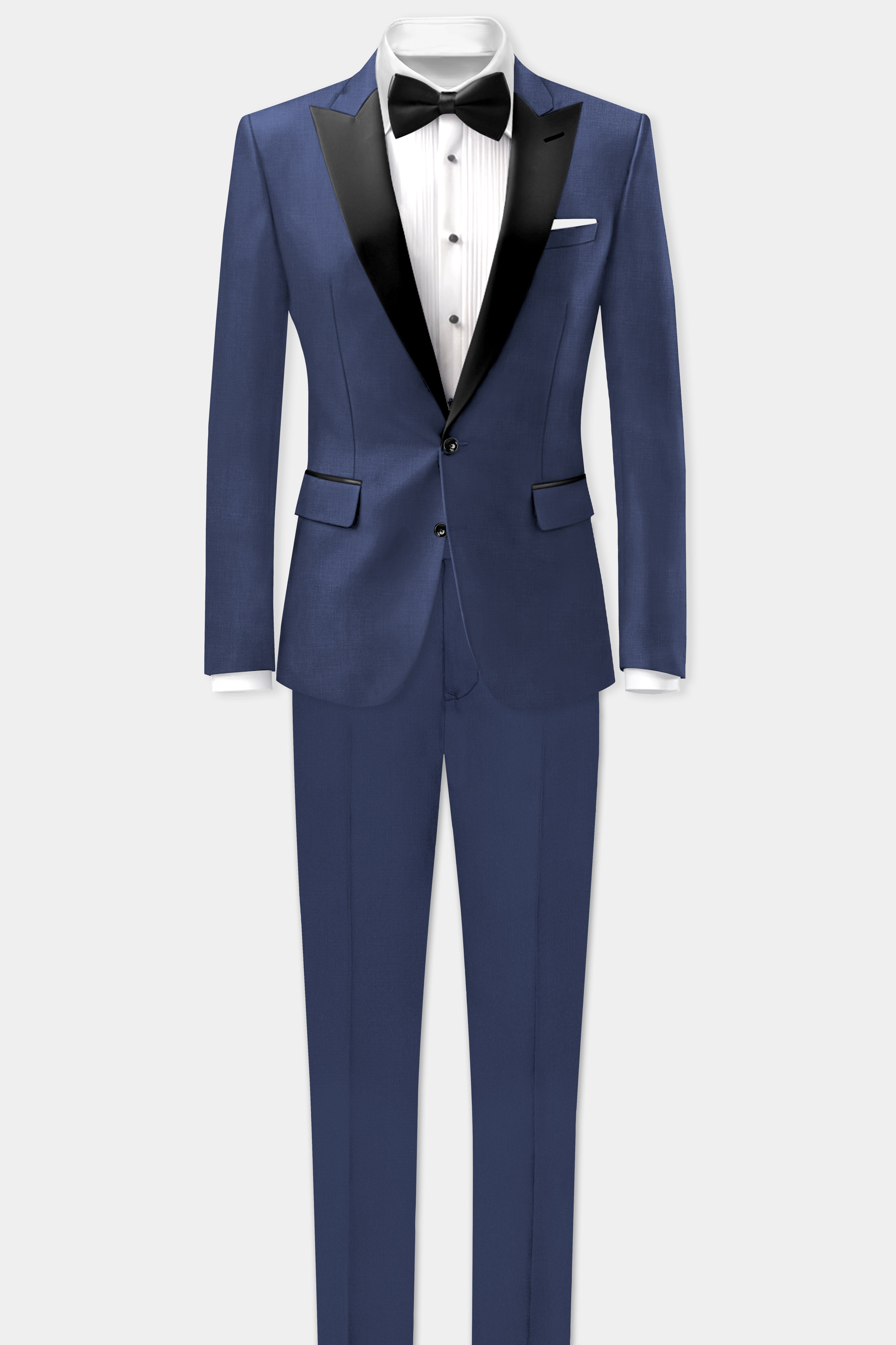 Sapphire-Glaucous Blue Solid Wool Rich Peak Lapel Tuxedo Slight Stretch Blazer