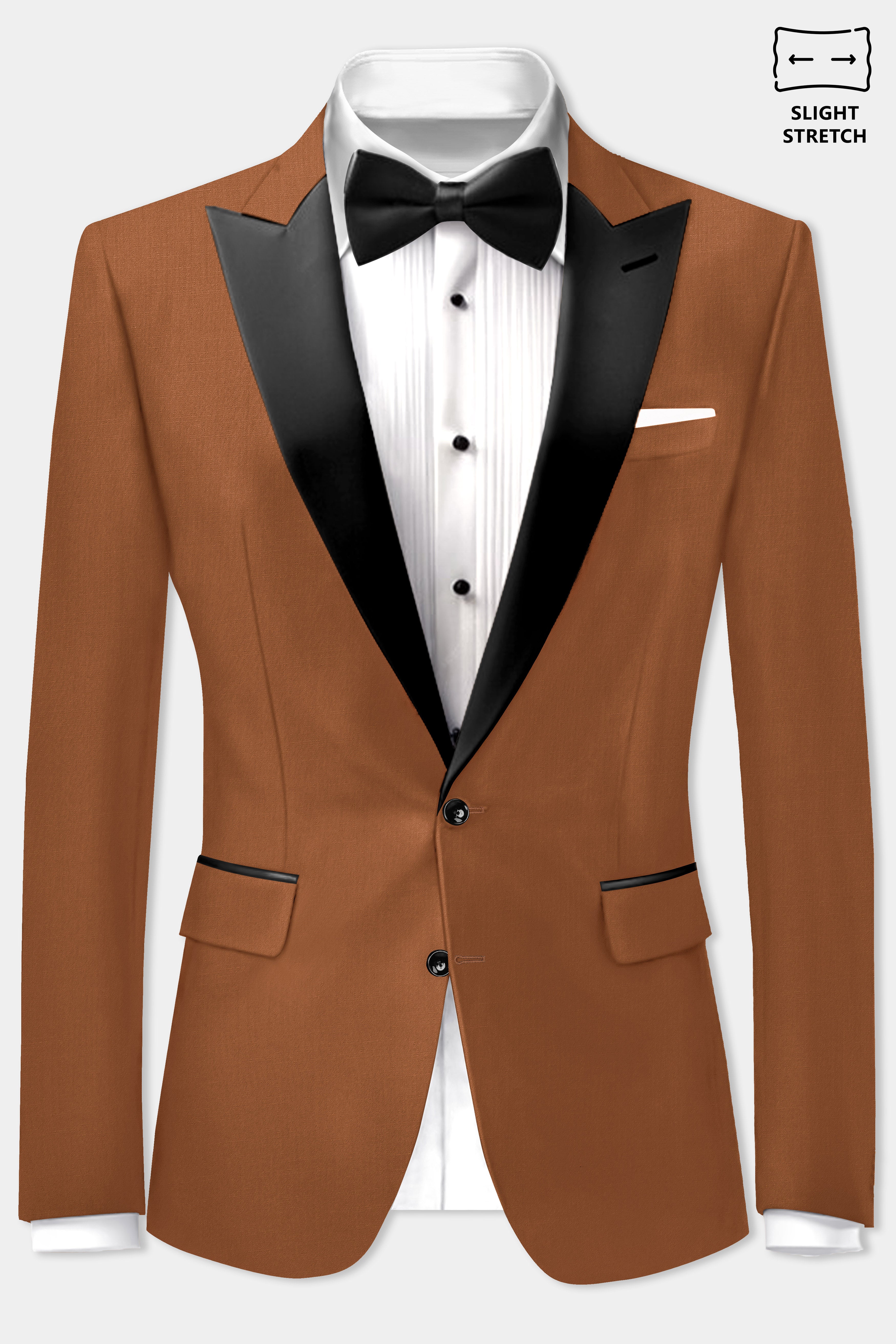 Cinnamon Oak-Sienna Brown Solid Wool Rich Peak Lapel Tuxedo Slight Stretch Blazer