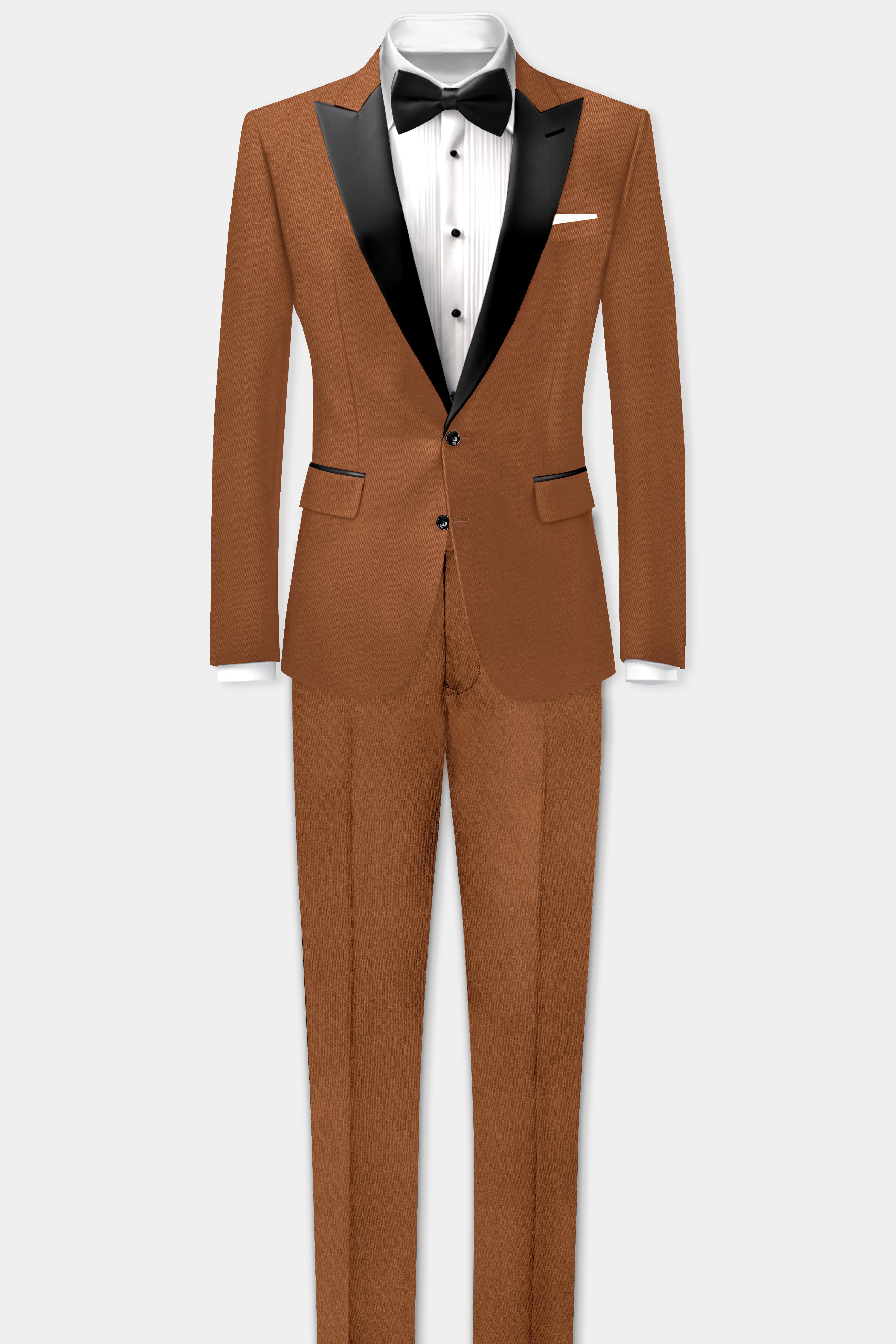 Cinnamon Oak-Sienna Brown Solid Wool Rich Peak Lapel Tuxedo Slight Stretch Blazer