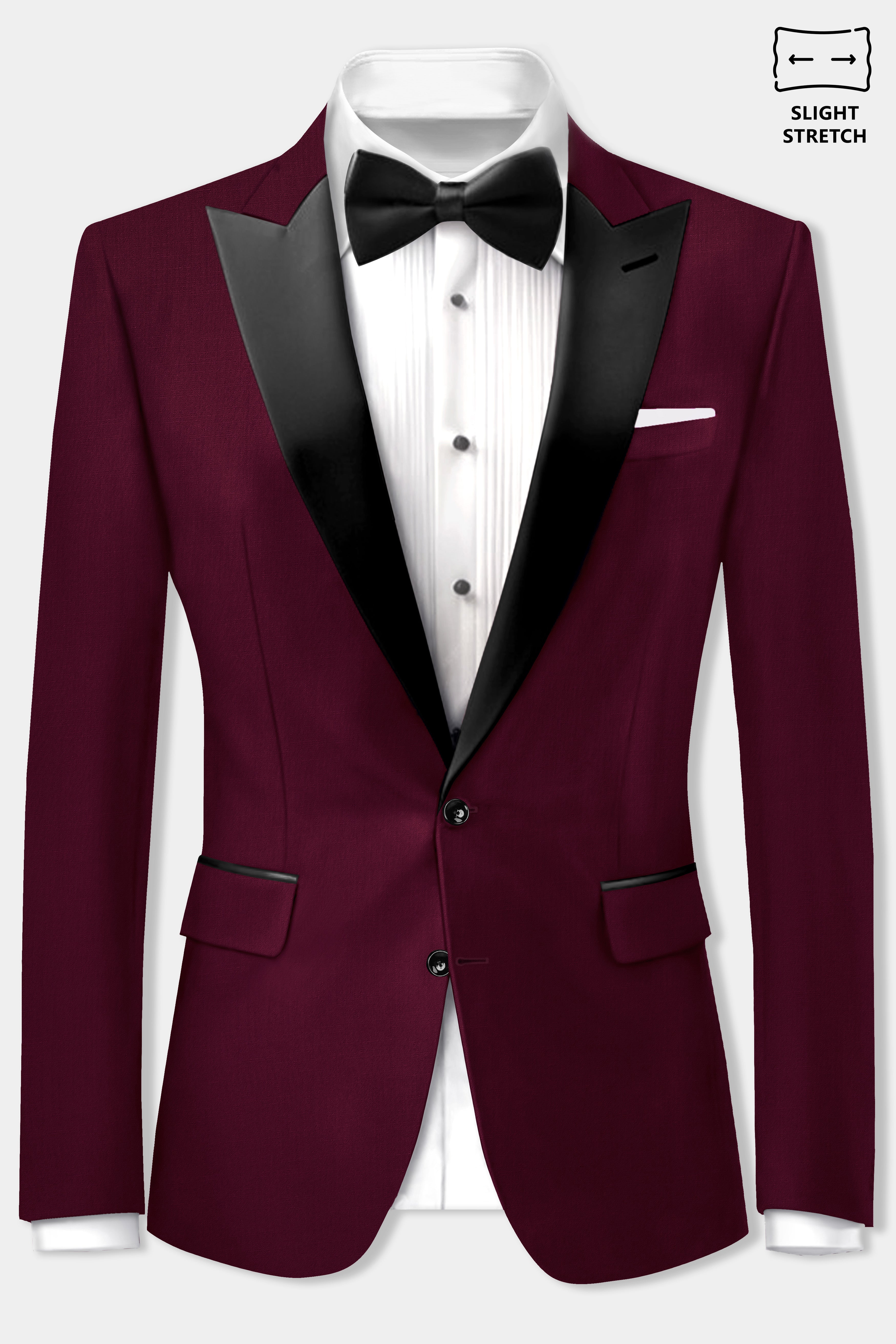 Regal Maroon-Tamarind Solid Wool Rich Peak Lapel Tuxedo Slight Stretch Blazer