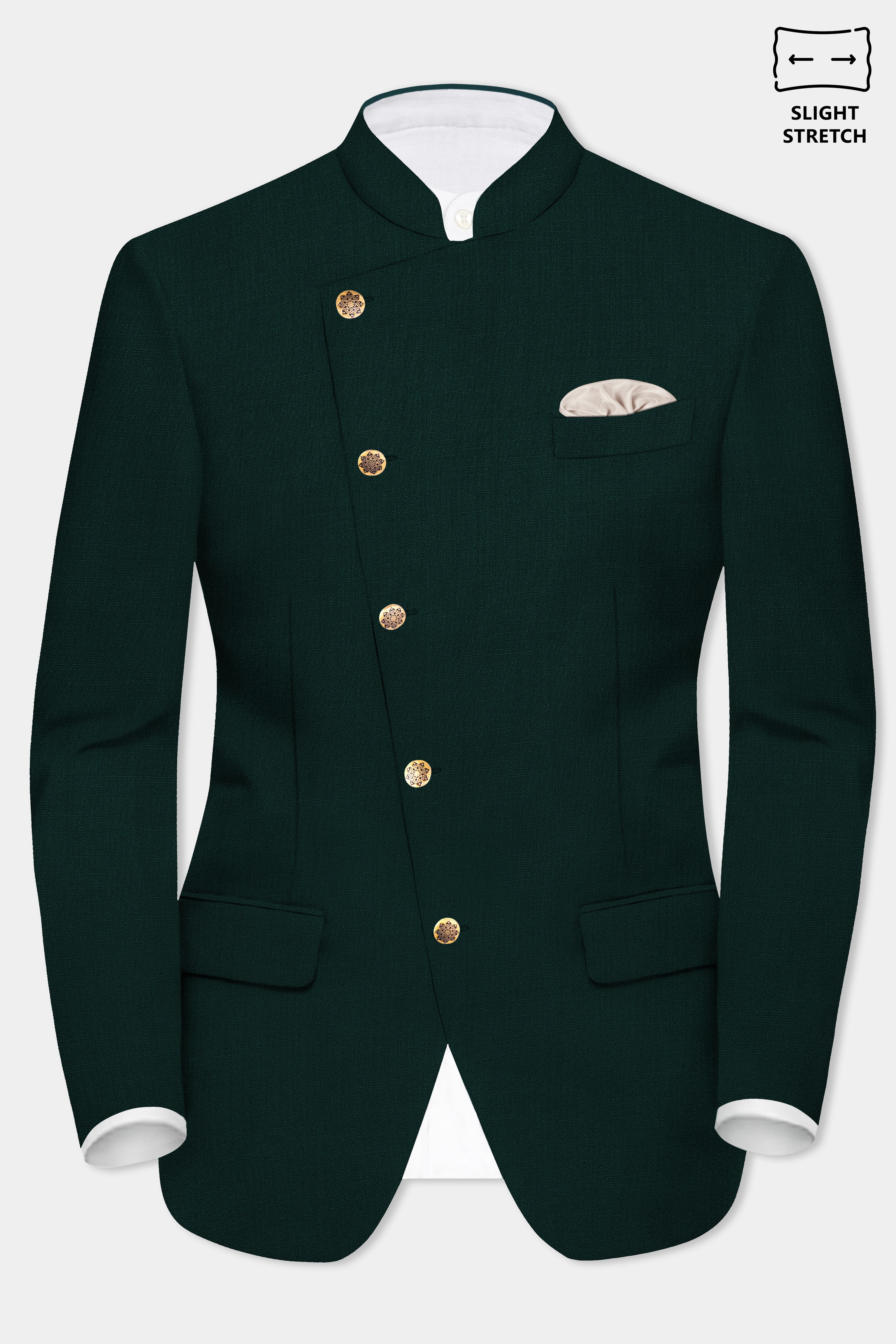 Emerald-Zucchini Green Solid Wool Rich Cross Placket Bandhgala Slight Stretch Blazer