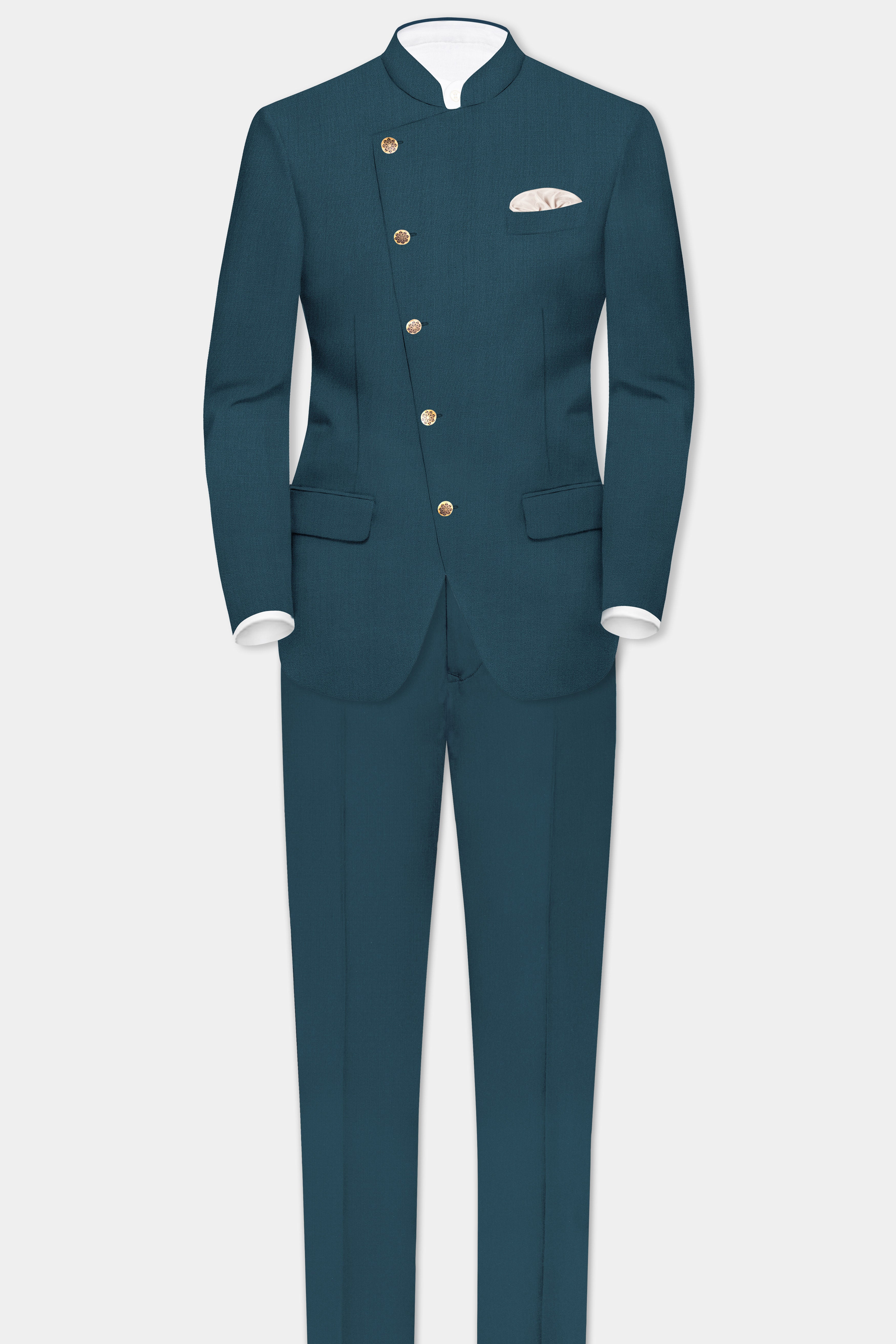 Prestige-Dianne Green Solid Wool Rich Cross Placket Bandhgala Slight Stretch Blazer