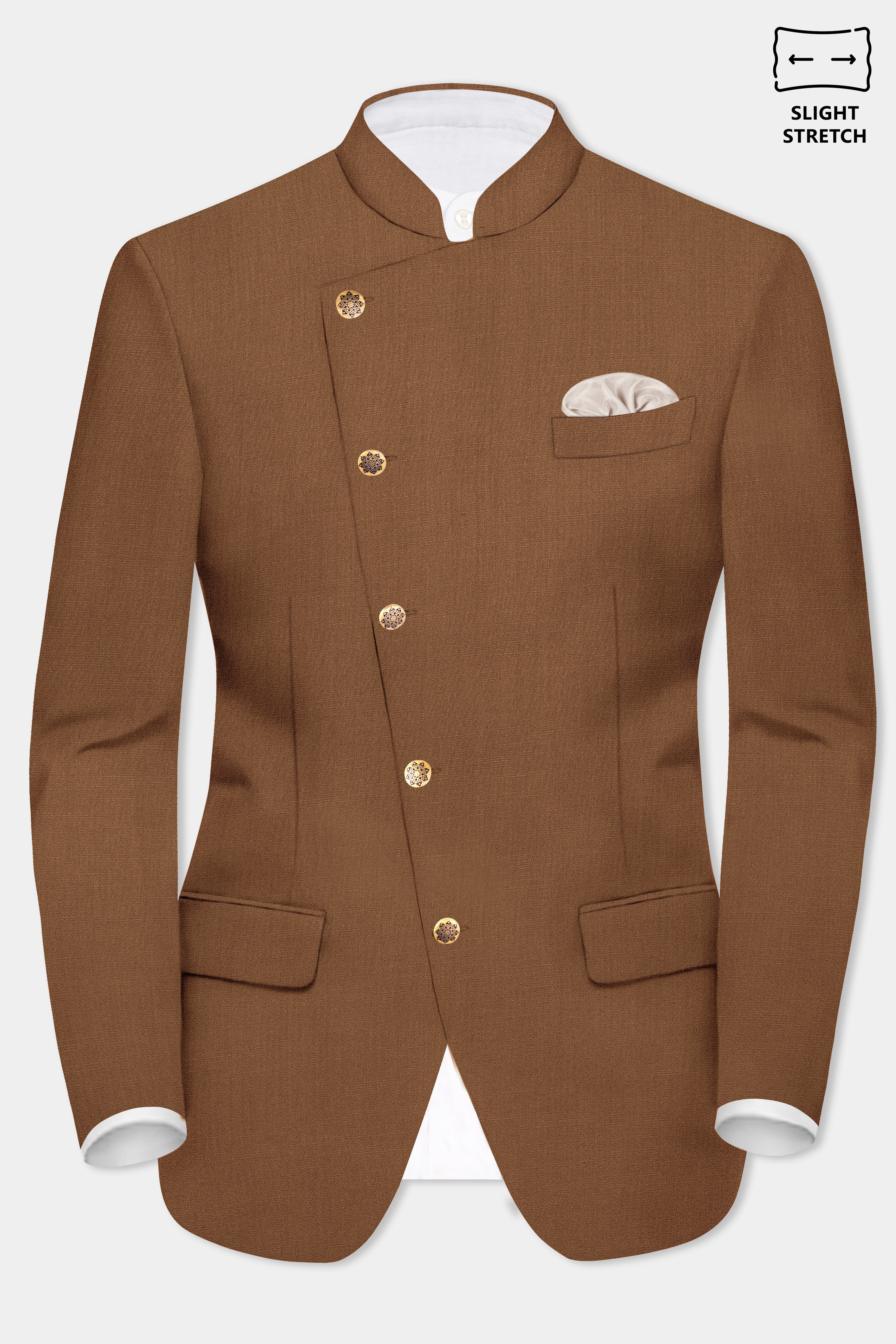 Bronze-Tawny Brown Solid Wool Rich Cross Placket Bandhgala Slight Stretch Blazer