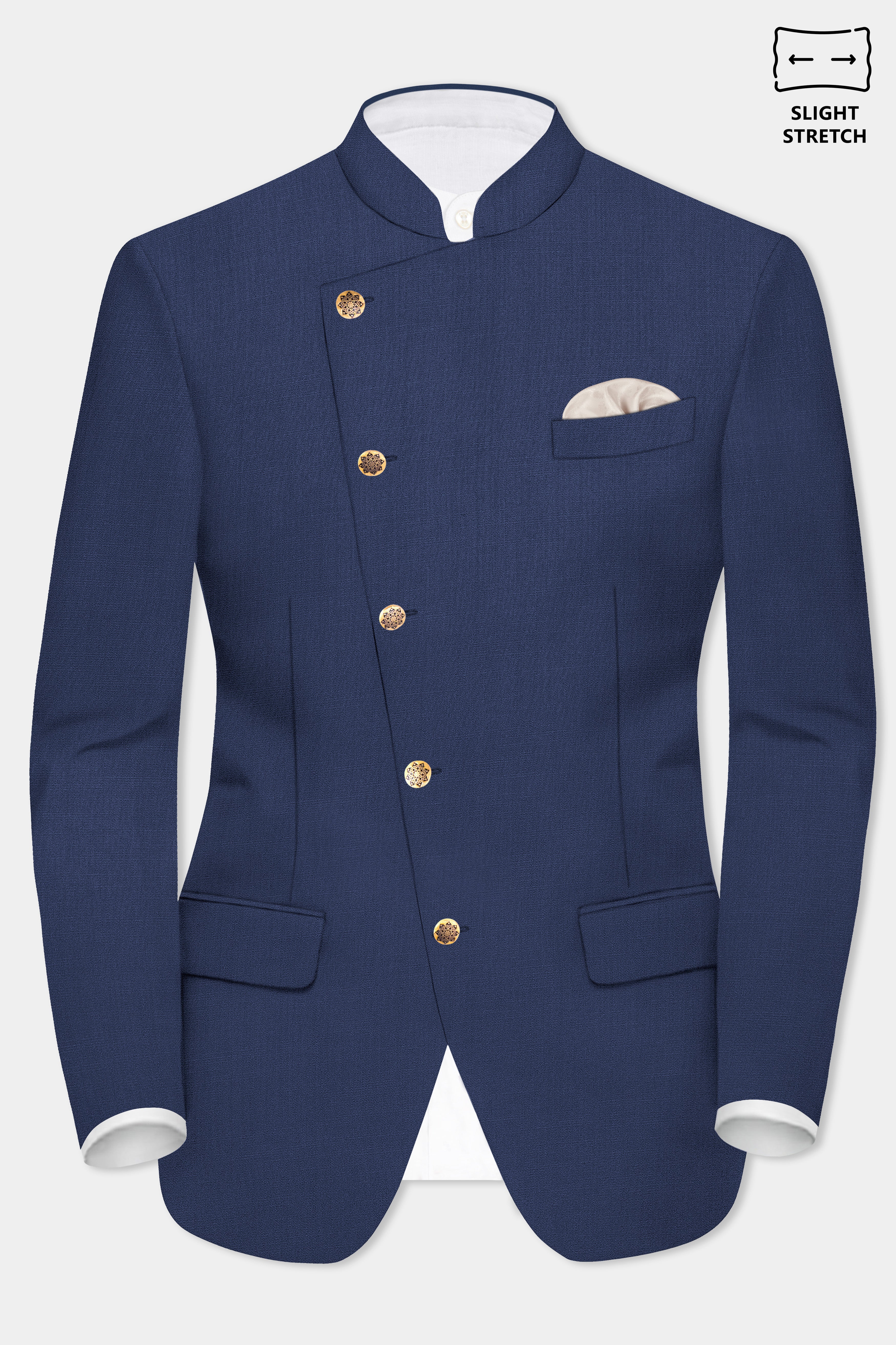 Sapphire-Glaucous Blue Solid Wool Rich Cross Placket Bandhgala Slight Stretch Blazer