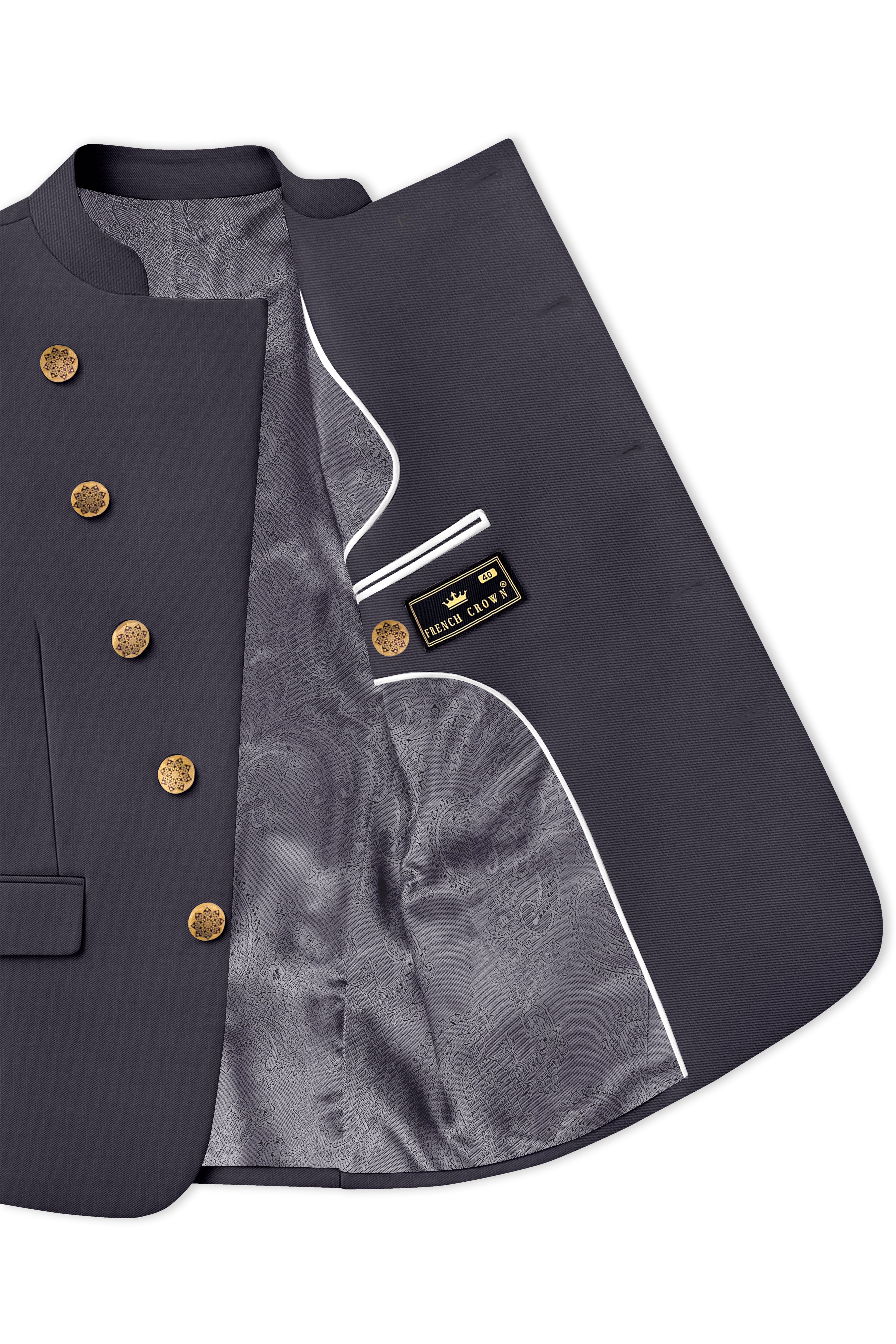 Sapphire-Glaucous Gray Solid Wool Rich Cross Placket Bandhgala Slight Stretch Blazer