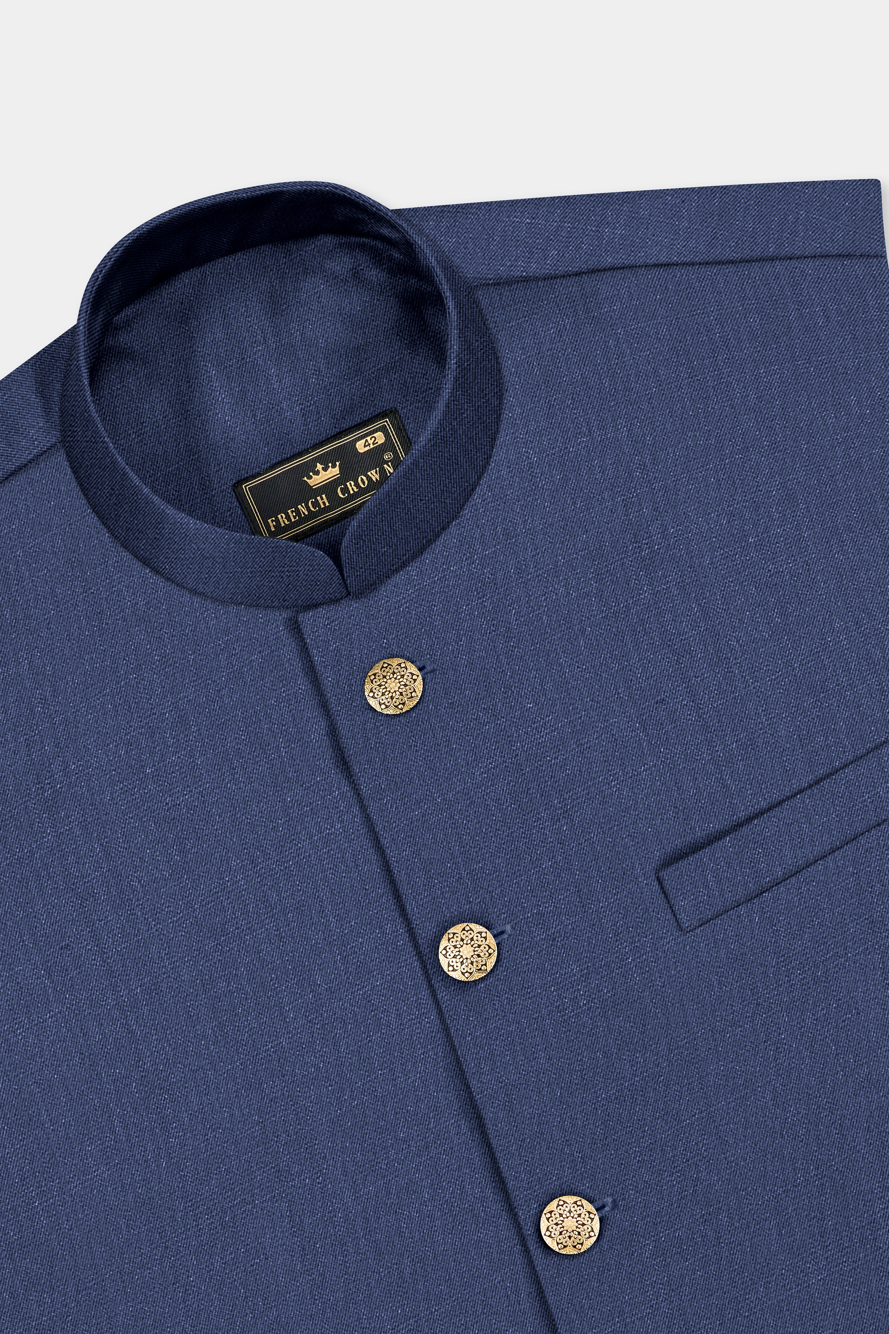 Sapphire-Glaucous Blue Solid Wool Rich Cross Placket Bandhgala Slight Stretch Blazer