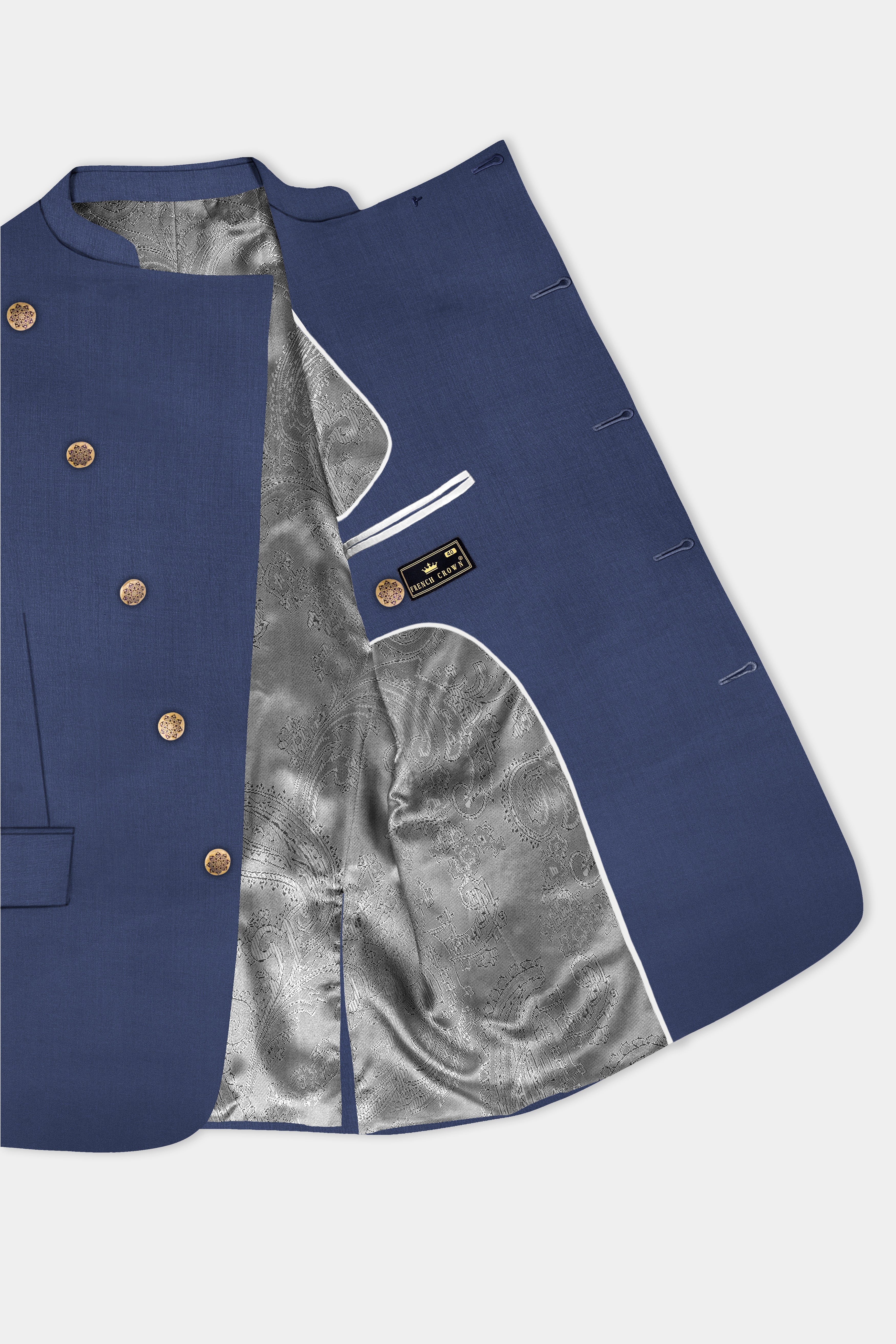 Sapphire-Glaucous Blue Solid Wool Rich Cross Placket Bandhgala Slight Stretch Blazer