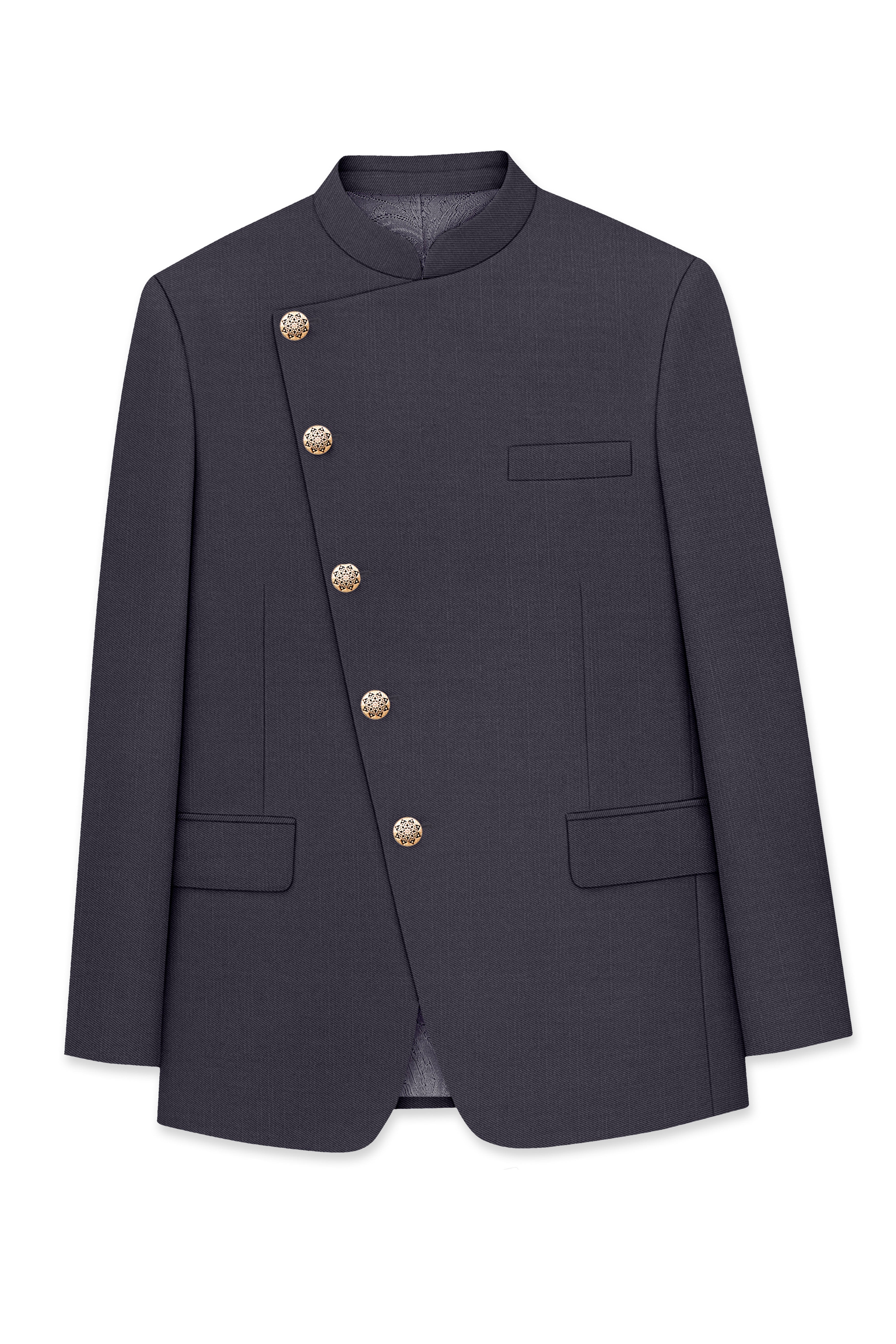 Sapphire-Glaucous Gray Solid Wool Rich Cross Placket Bandhgala Slight Stretch Blazer