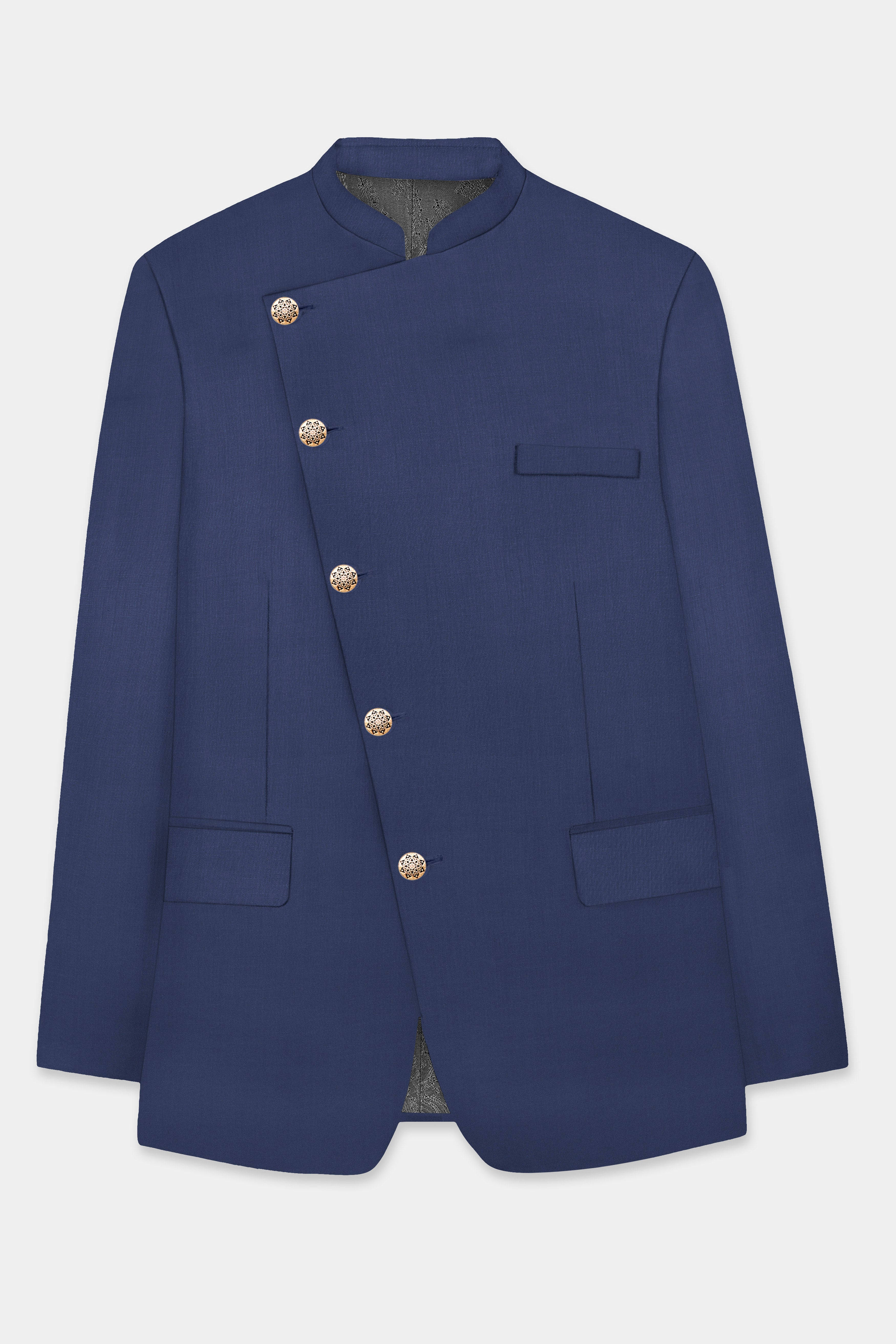 Sapphire-Glaucous Blue Solid Wool Rich Cross Placket Bandhgala Slight Stretch Blazer