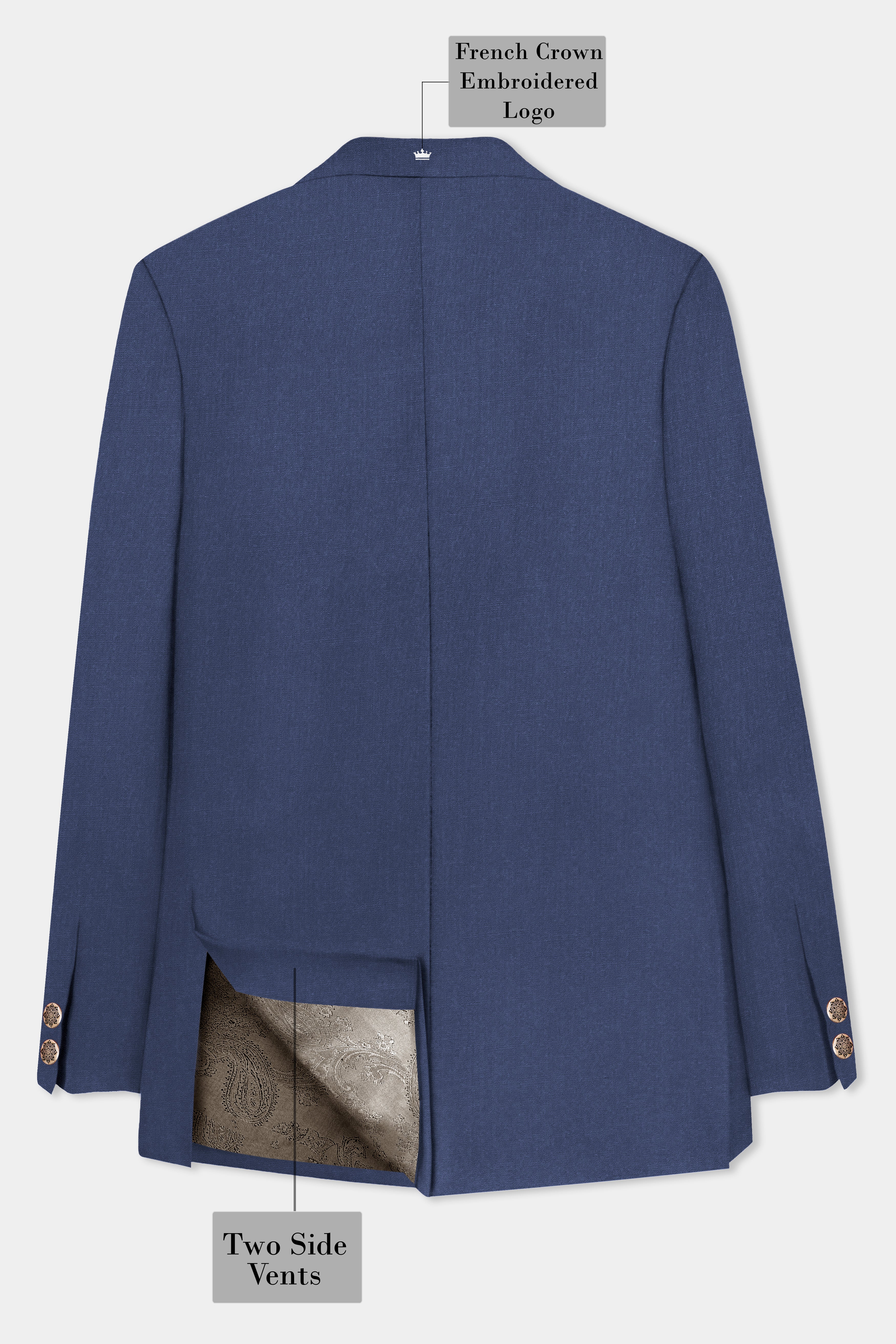 Sapphire-Glaucous Blue Solid Wool Rich Cross Placket Bandhgala Slight Stretch Blazer