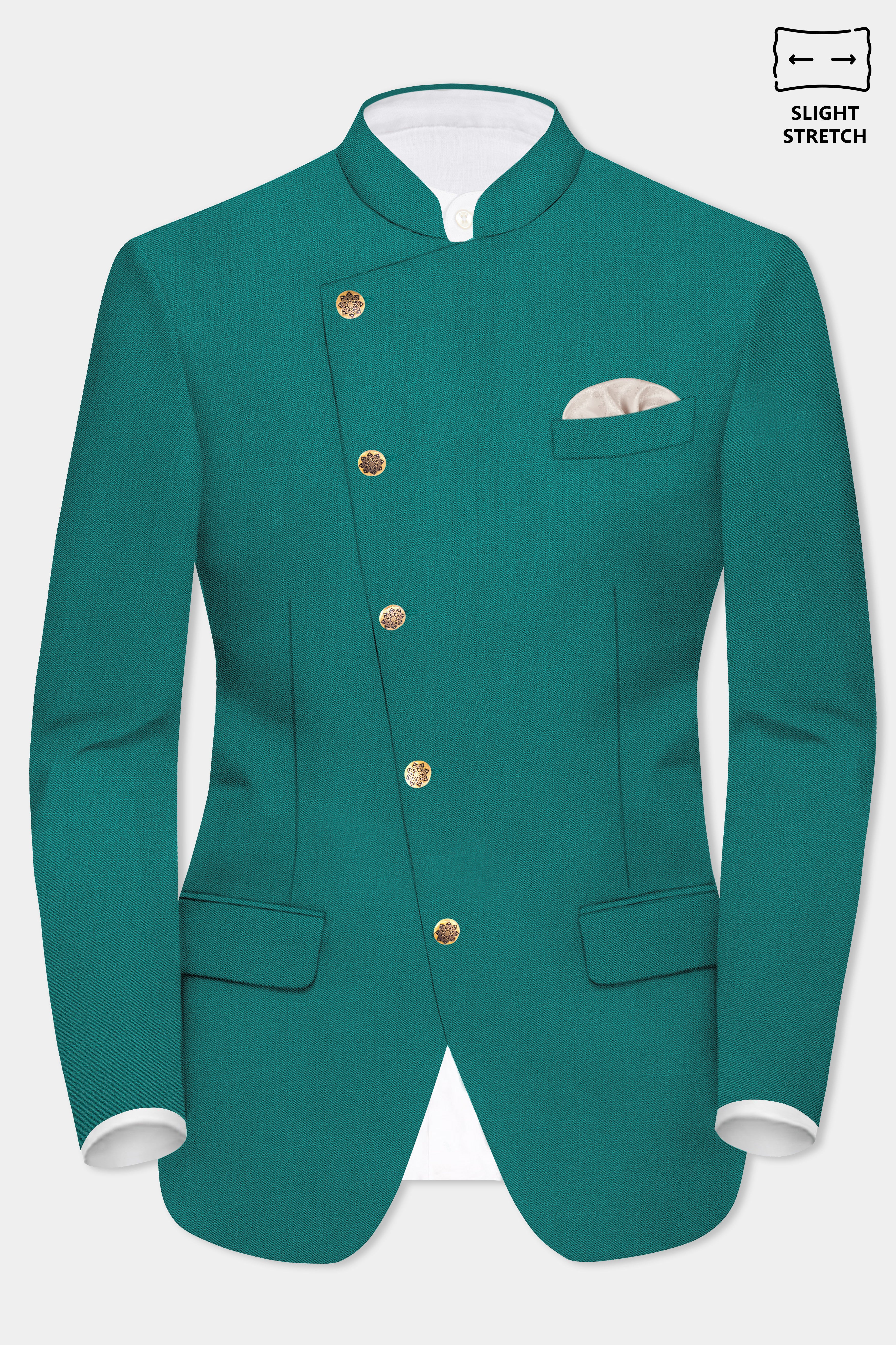 Verdant Classic-Surfie Green Solid Wool Rich Cross Placket Bandhgala Slight Stretch Blazer