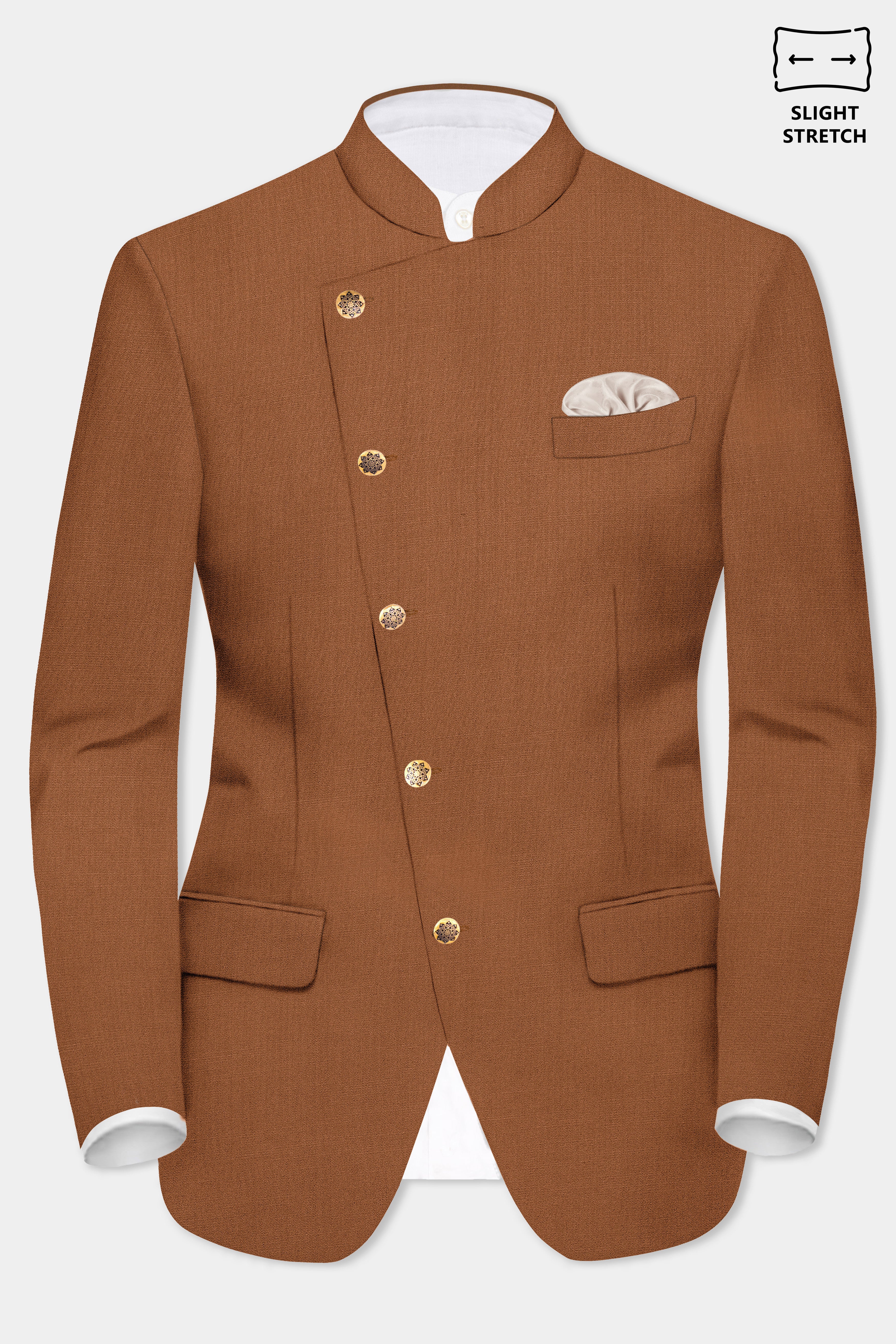 Cinnamon Oak-Sienna Brown Solid Wool Rich Cross Placket Bandhgala Slight Stretch Blazer