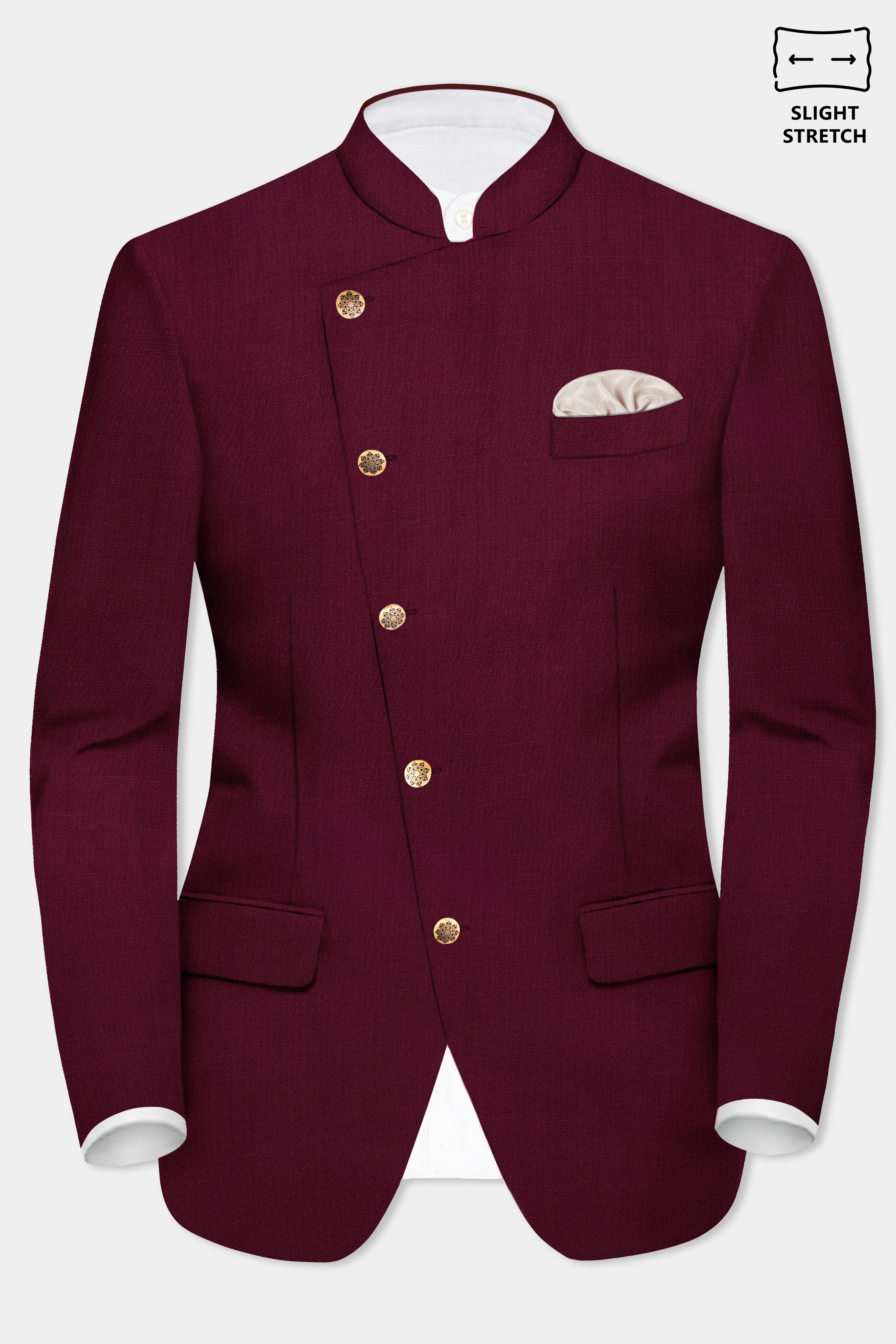 Regal Maroon-Tamarind Solid Wool Rich Cross Placket Bandhgala Slight Stretch Blazer
