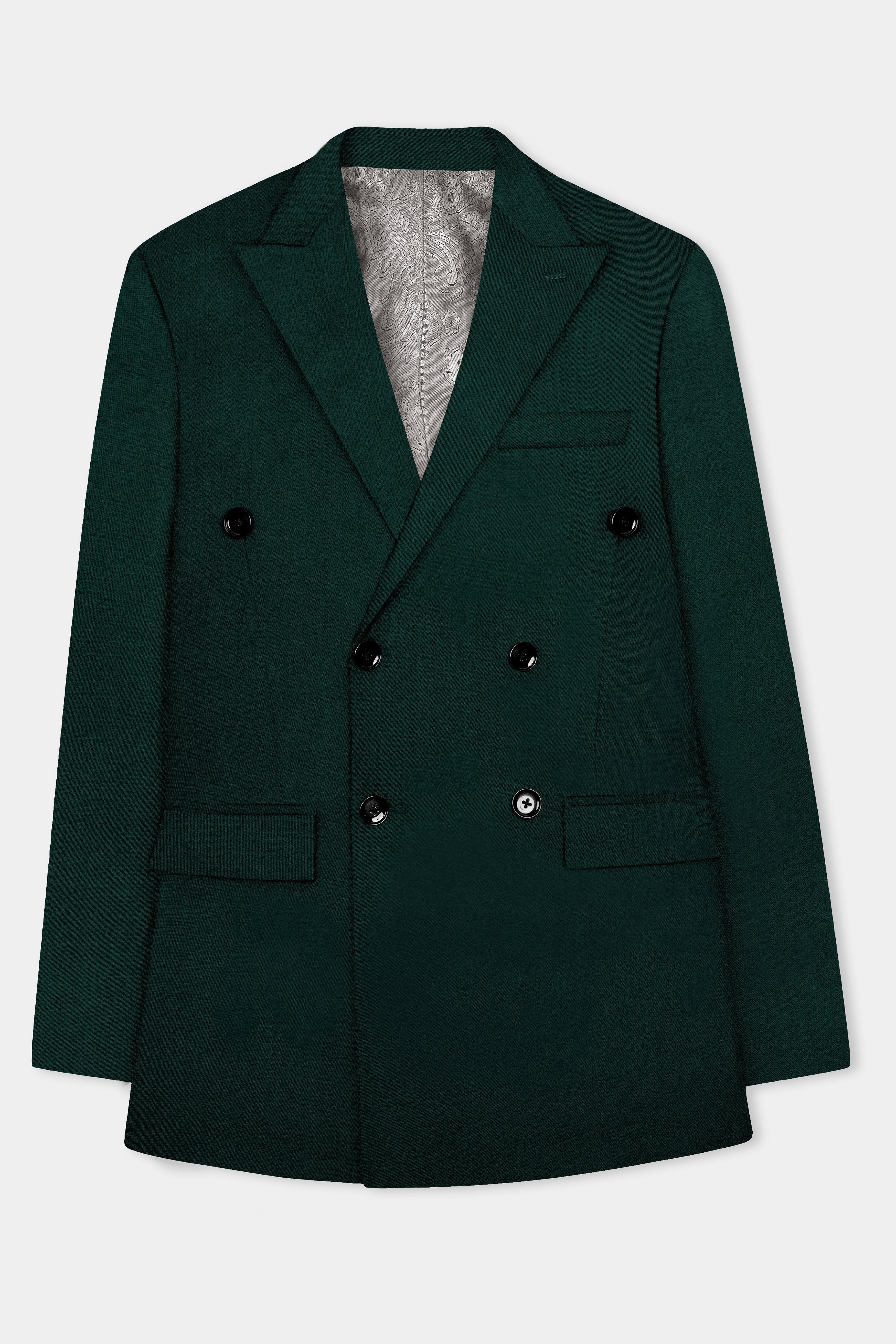 Emerald-Zucchini Green Solid Wool Rich Double Breasted Slight Stretch Blazer