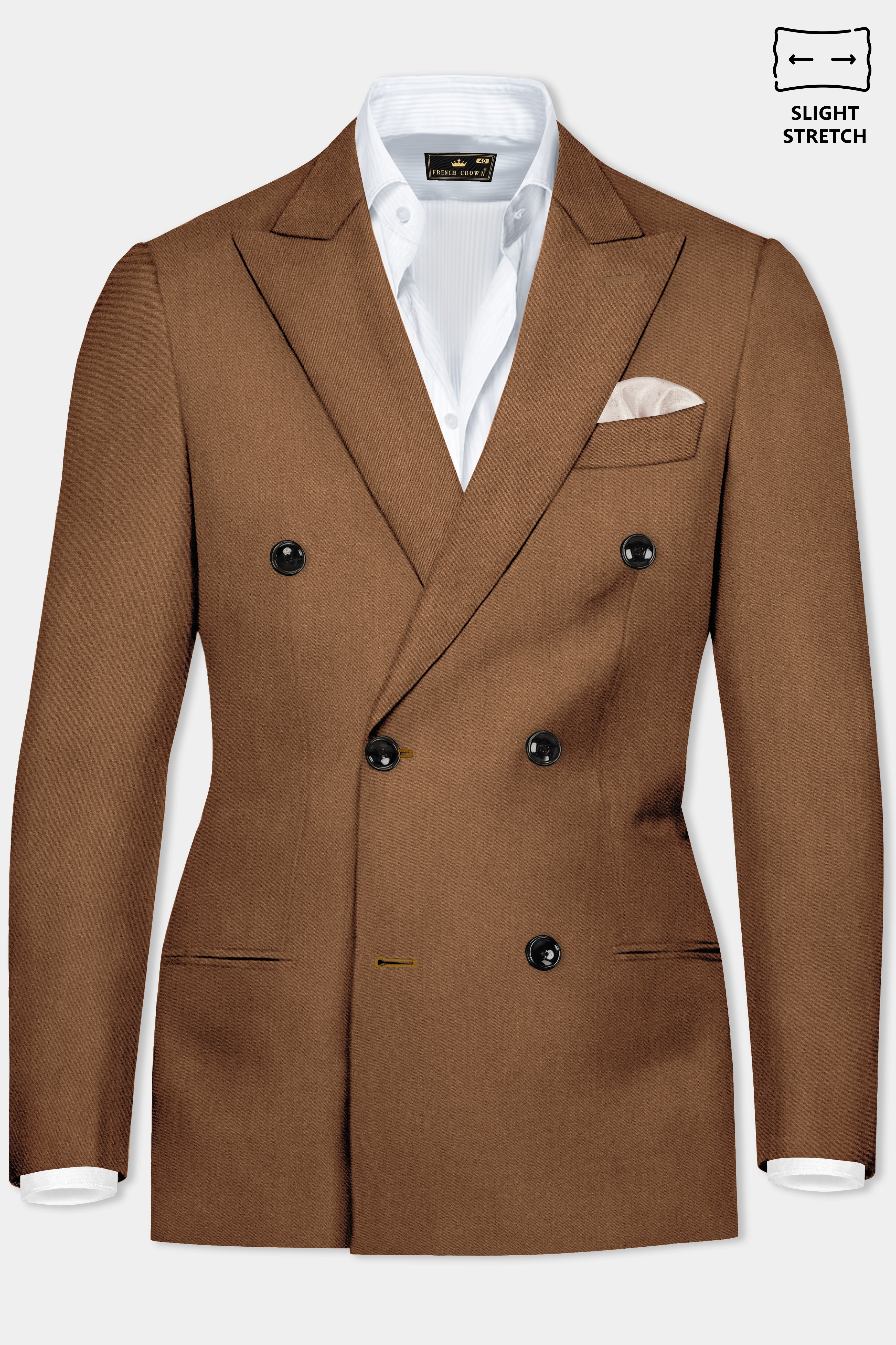 Bronze-Tawny Brown Solid Wool Rich Double Breasted Slight Stretch Blazer
