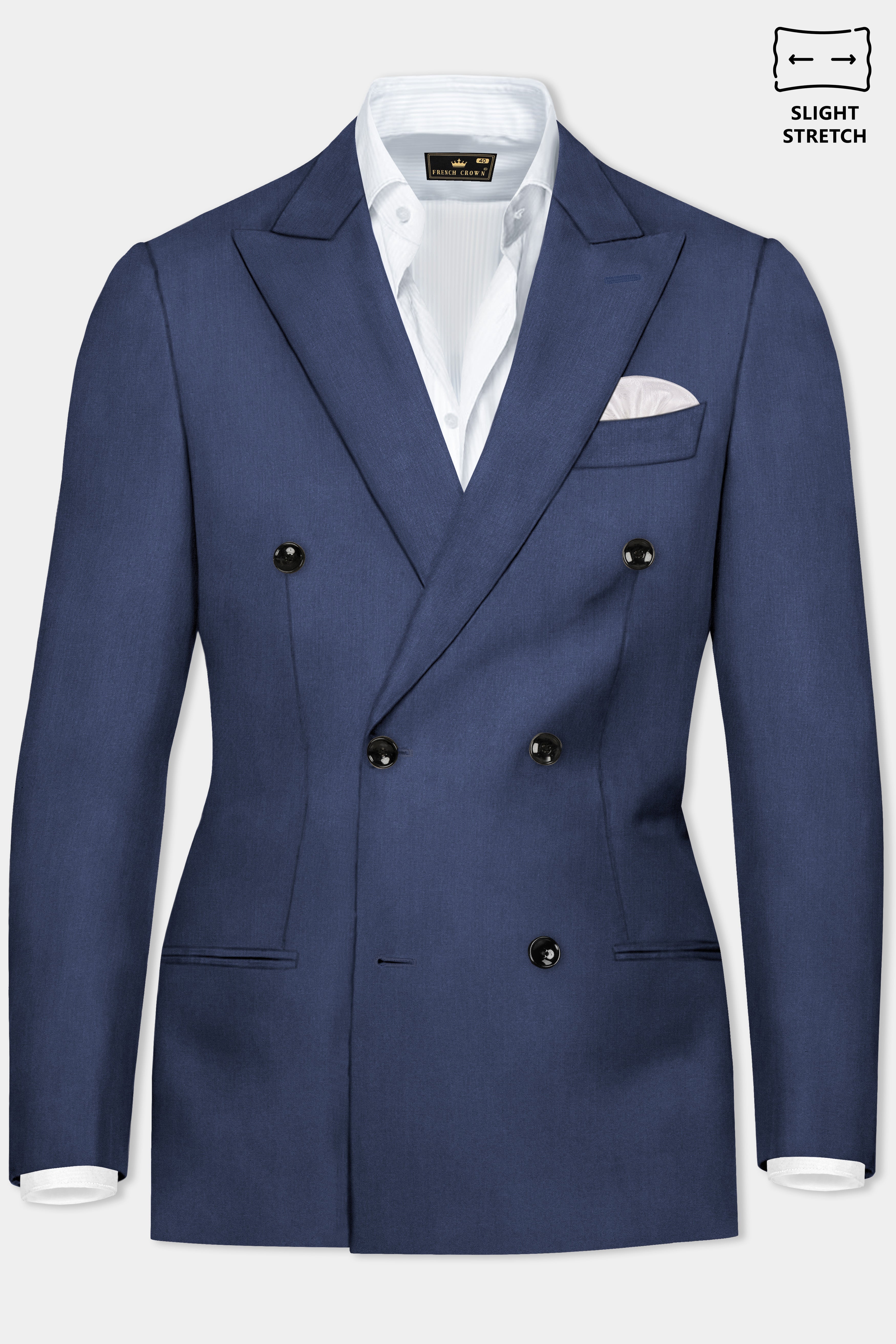 Sapphire-Glaucous Blue Solid Wool Rich Double Breasted Slight Stretch Blazer