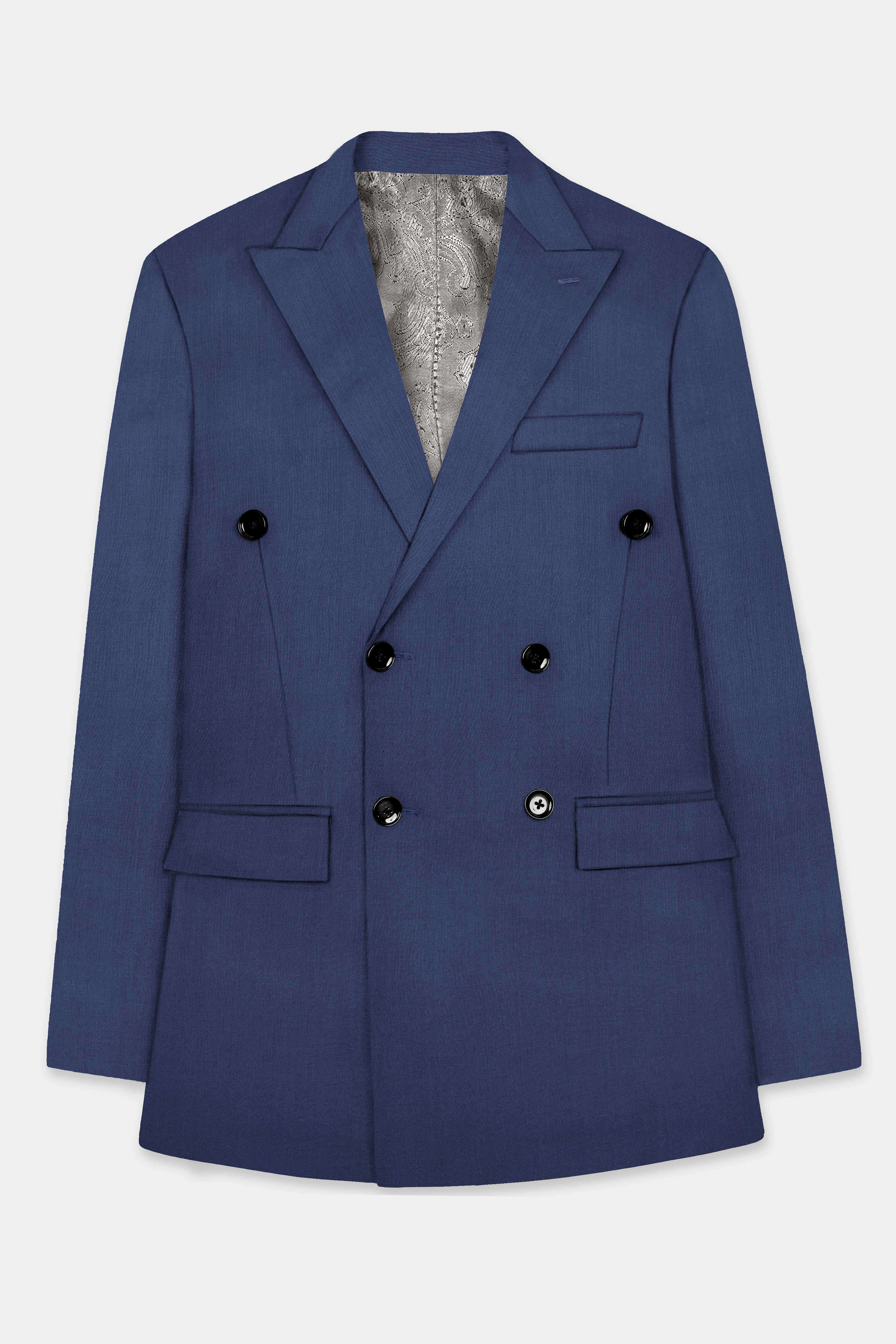 Sapphire-Glaucous Blue Solid Wool Rich Double Breasted Slight Stretch Blazer