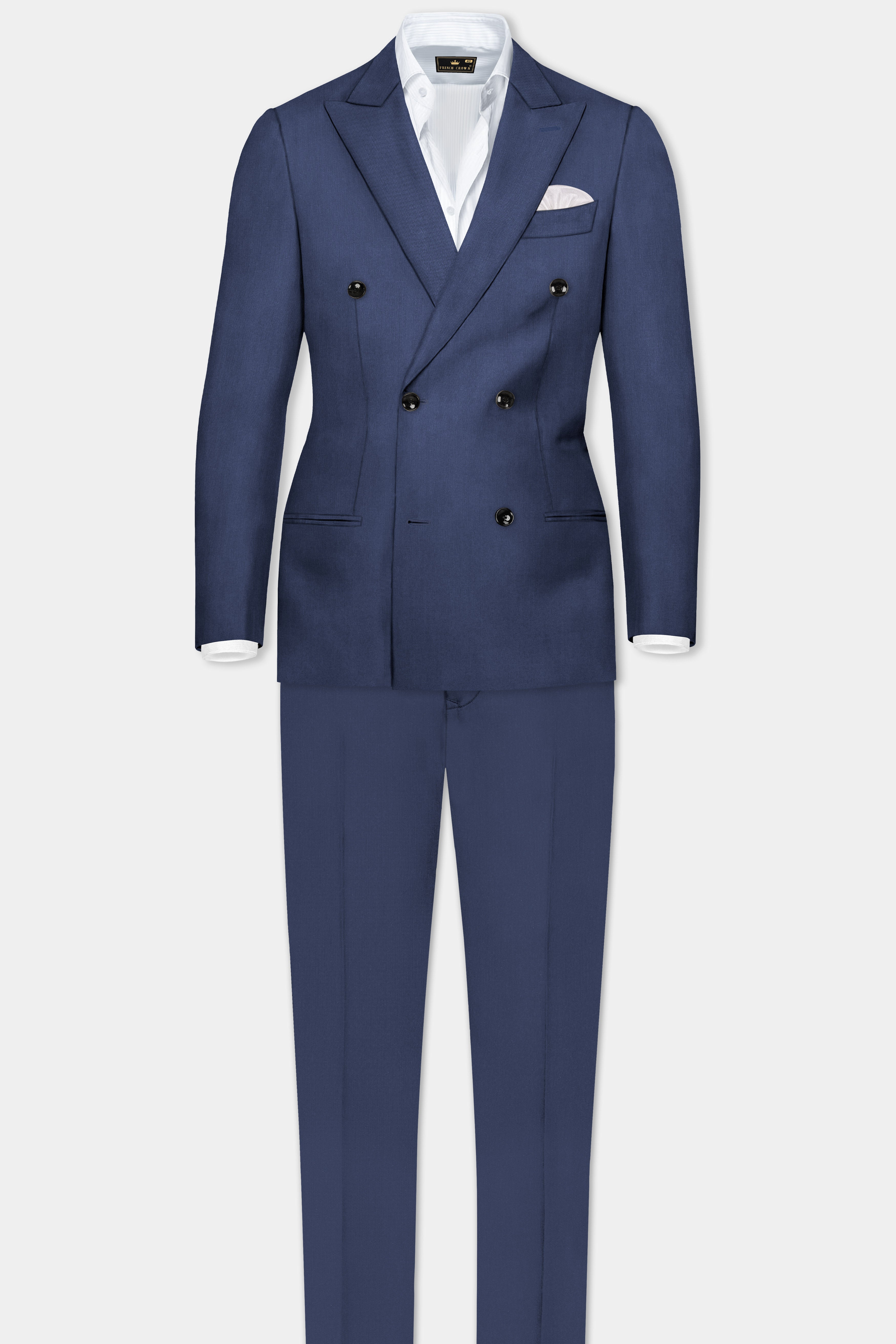 Sapphire-Glaucous Blue Solid Wool Rich Double Breasted Slight Stretch Blazer