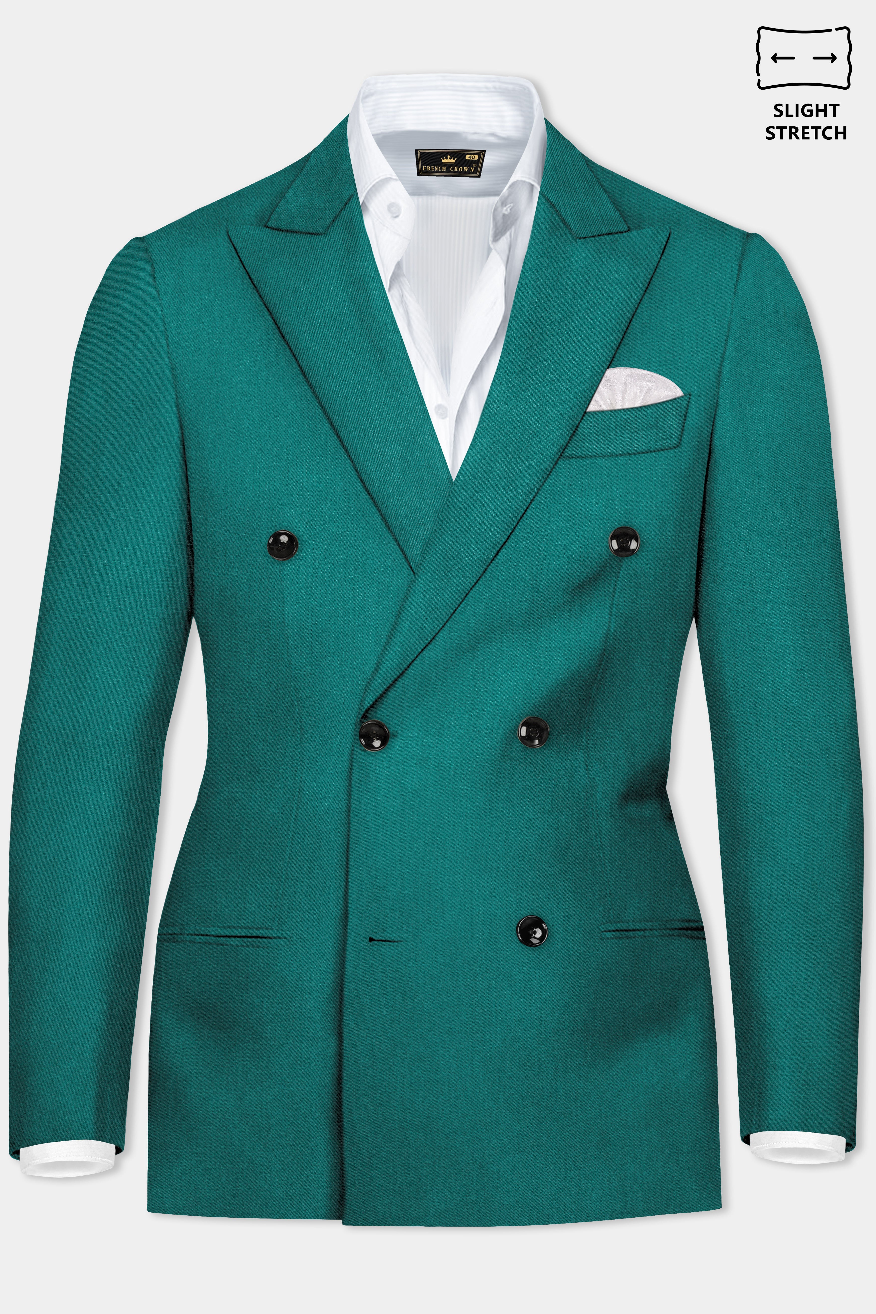 Verdant Classic-Surfie Green Solid Wool Rich Double Breasted Slight Stretch Blazer