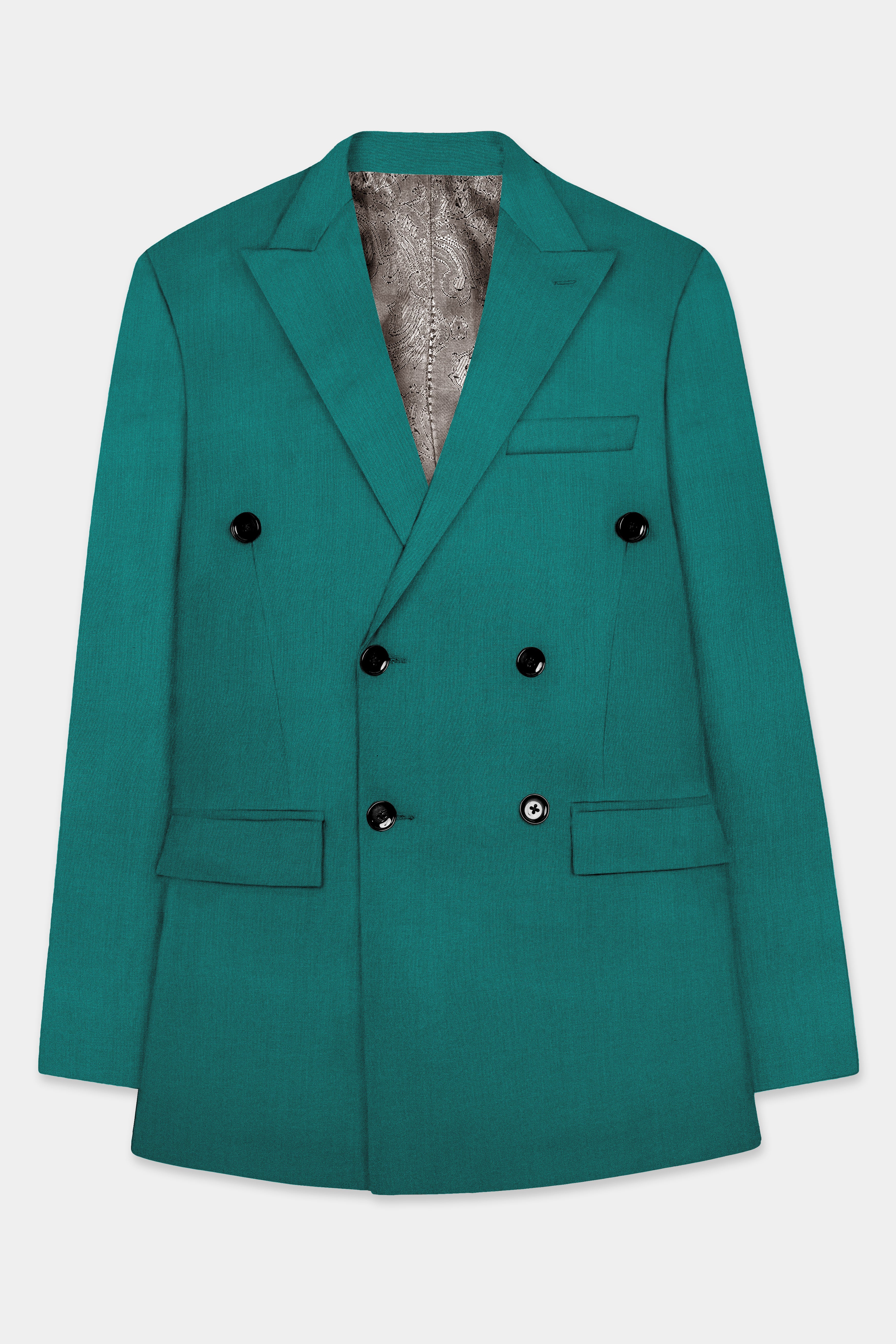 Verdant Classic-Surfie Green Solid Wool Rich Double Breasted Slight Stretch Blazer