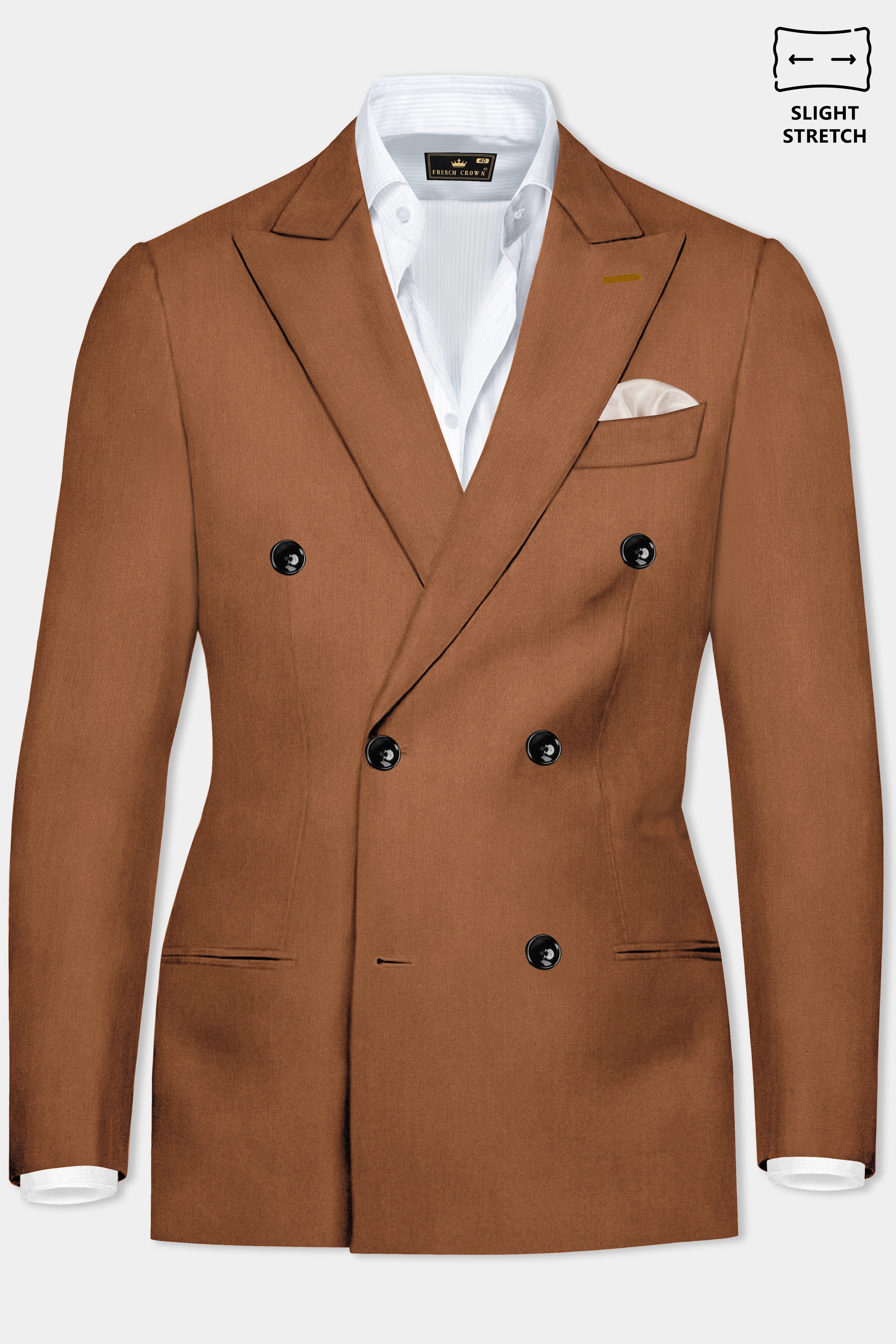 Cinnamon Oak-Sienna Brown Solid Wool Rich Double Breasted Slight Stretch Blazer