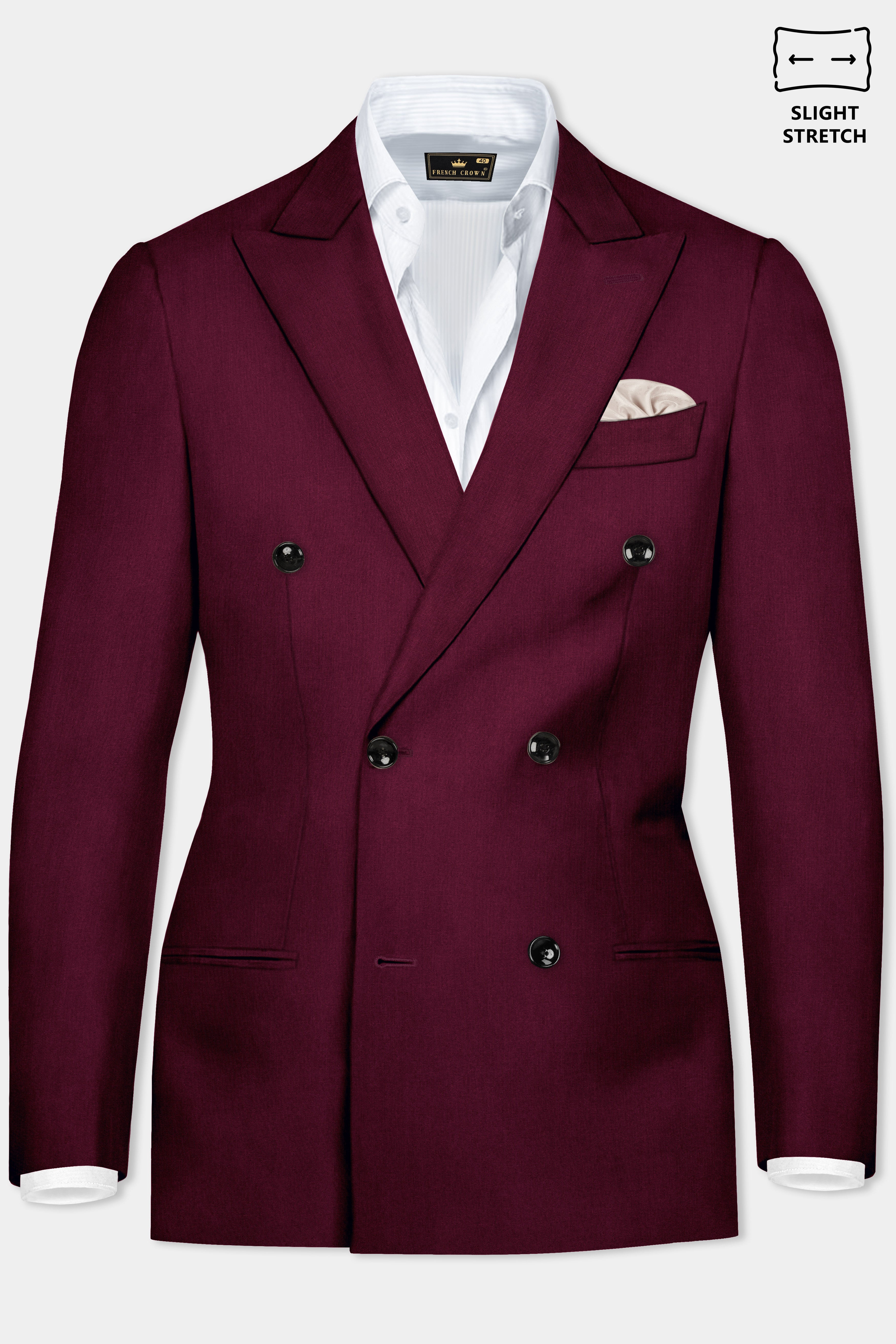 Regal Maroon-Tamarind Solid Wool Rich Double Breasted Slight Stretch Blazer