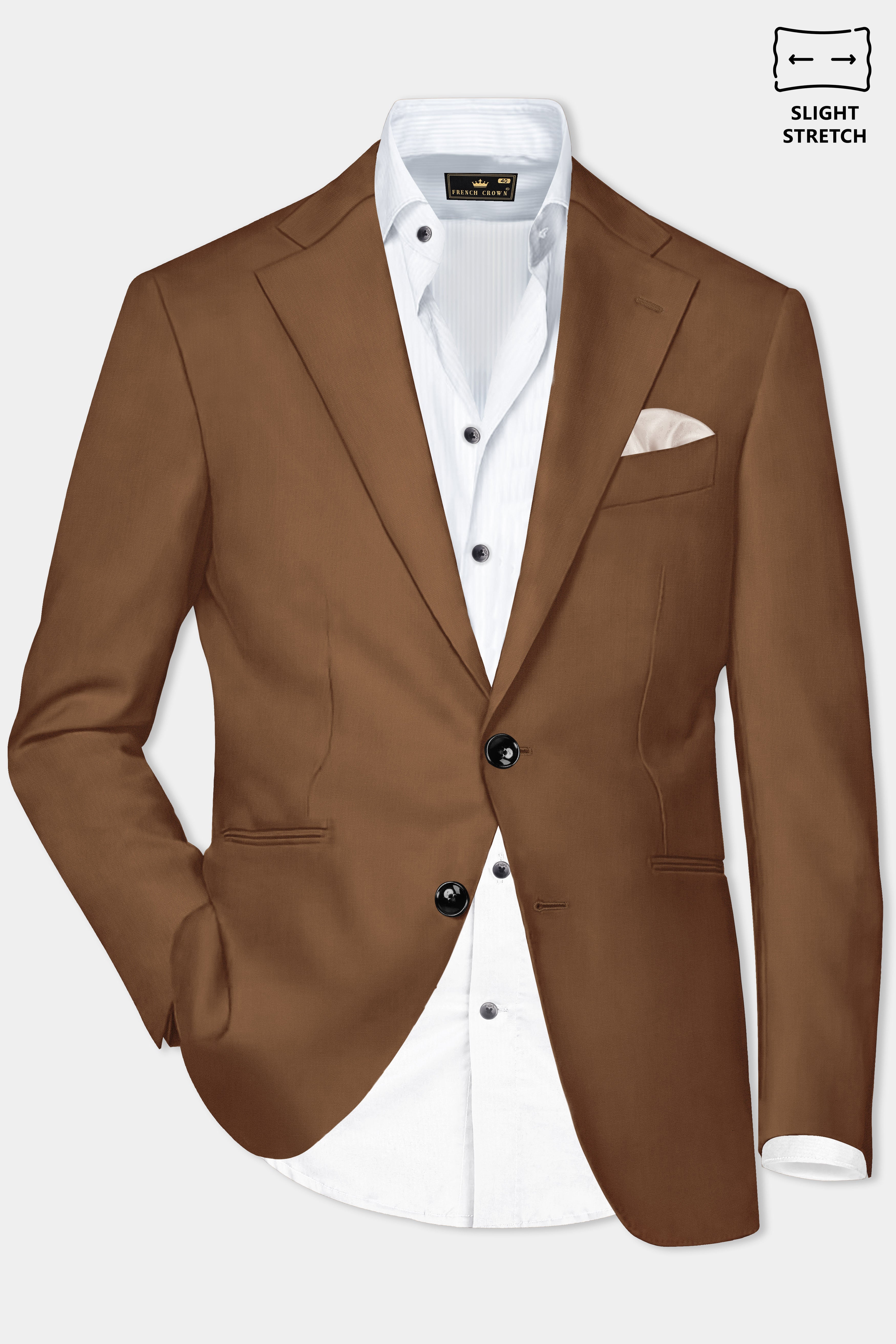 Bronze-Tawny Brown Solid Wool Rich Single Breasted Slight Stretch Blazer