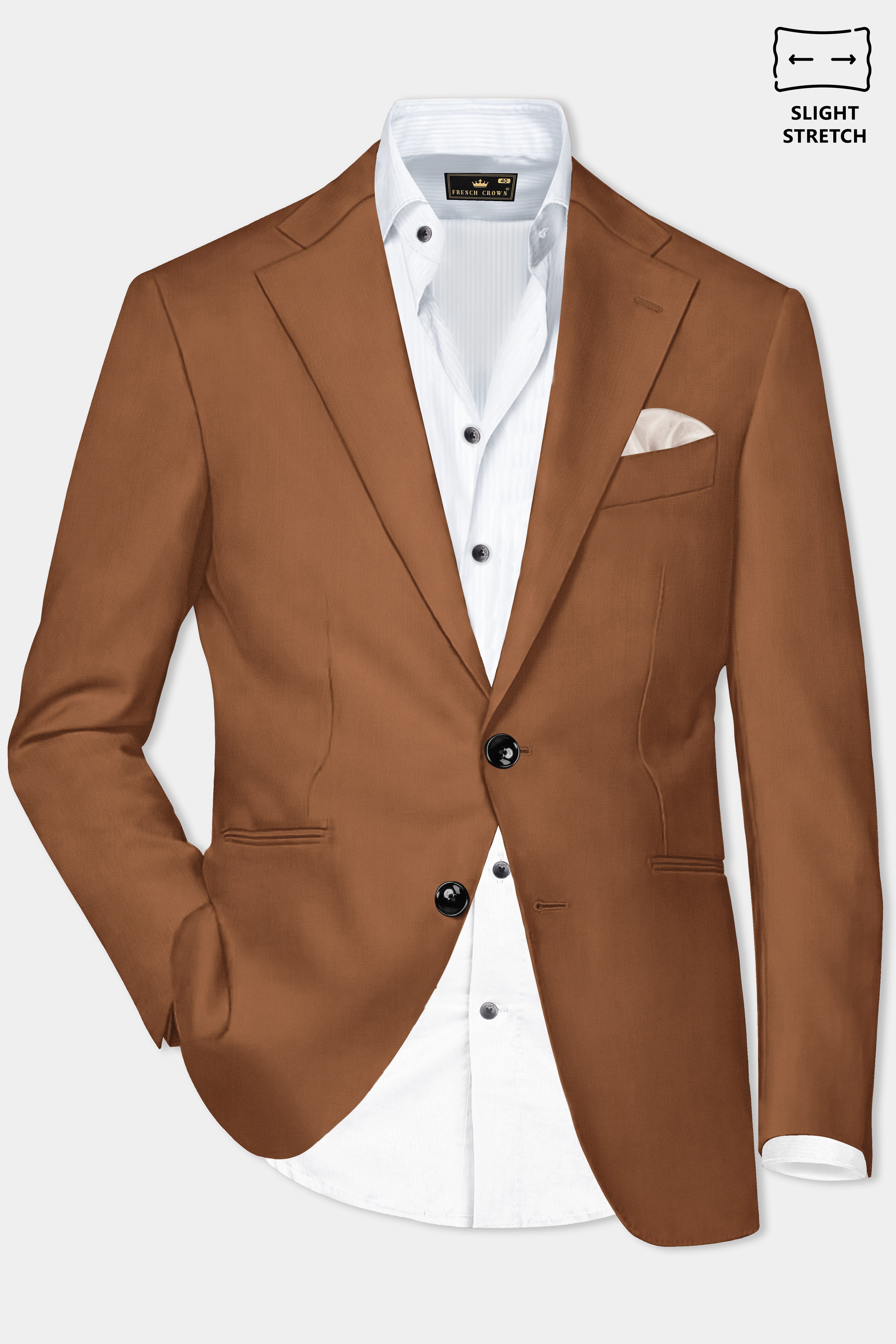 Cinnamon Oak-Sienna Brown Solid Wool Rich Single Breasted Slight Stretch Blazer