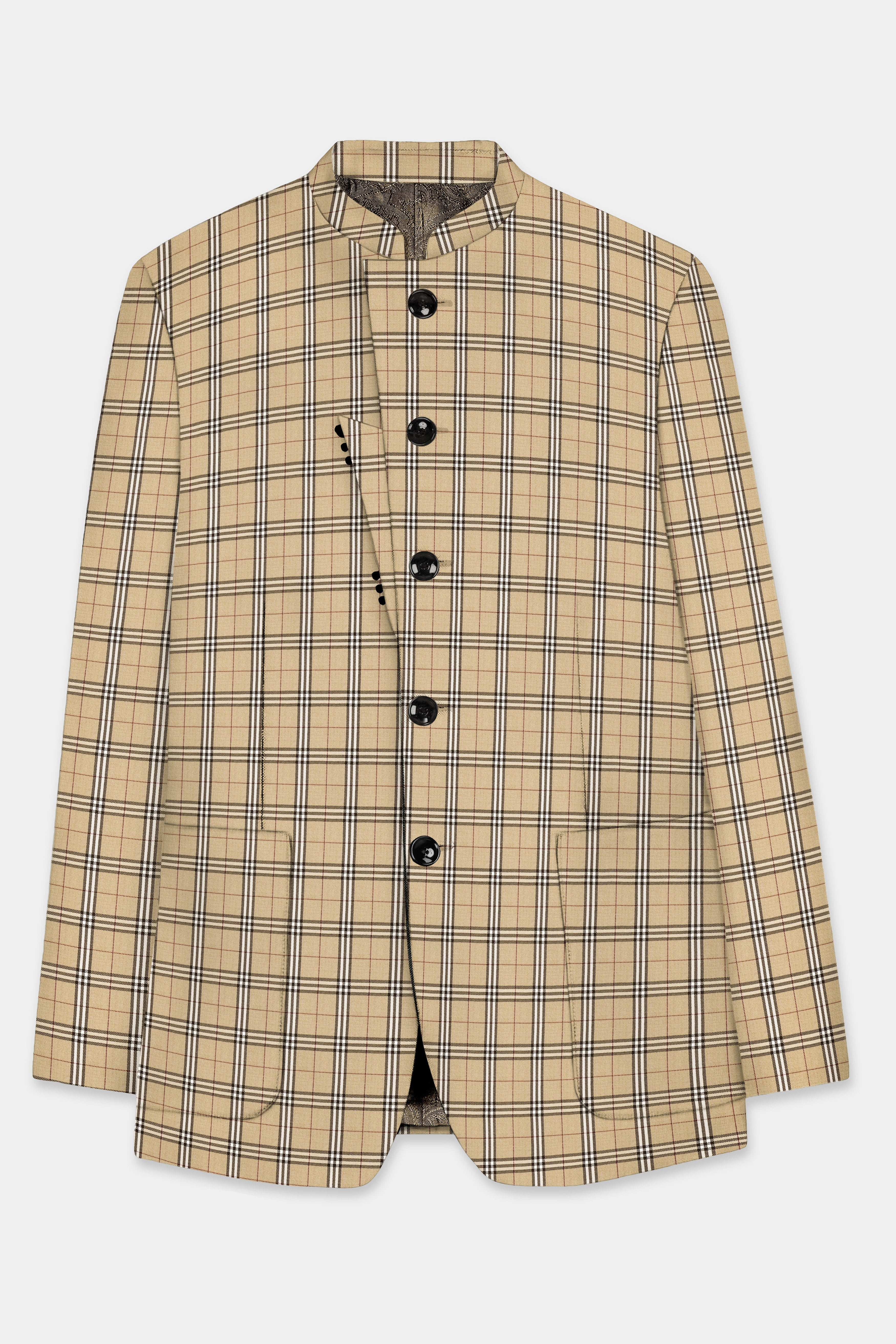 Noble Tones-Sandal Cream Plaid Wool Rich Bandhgala Designer Blazer