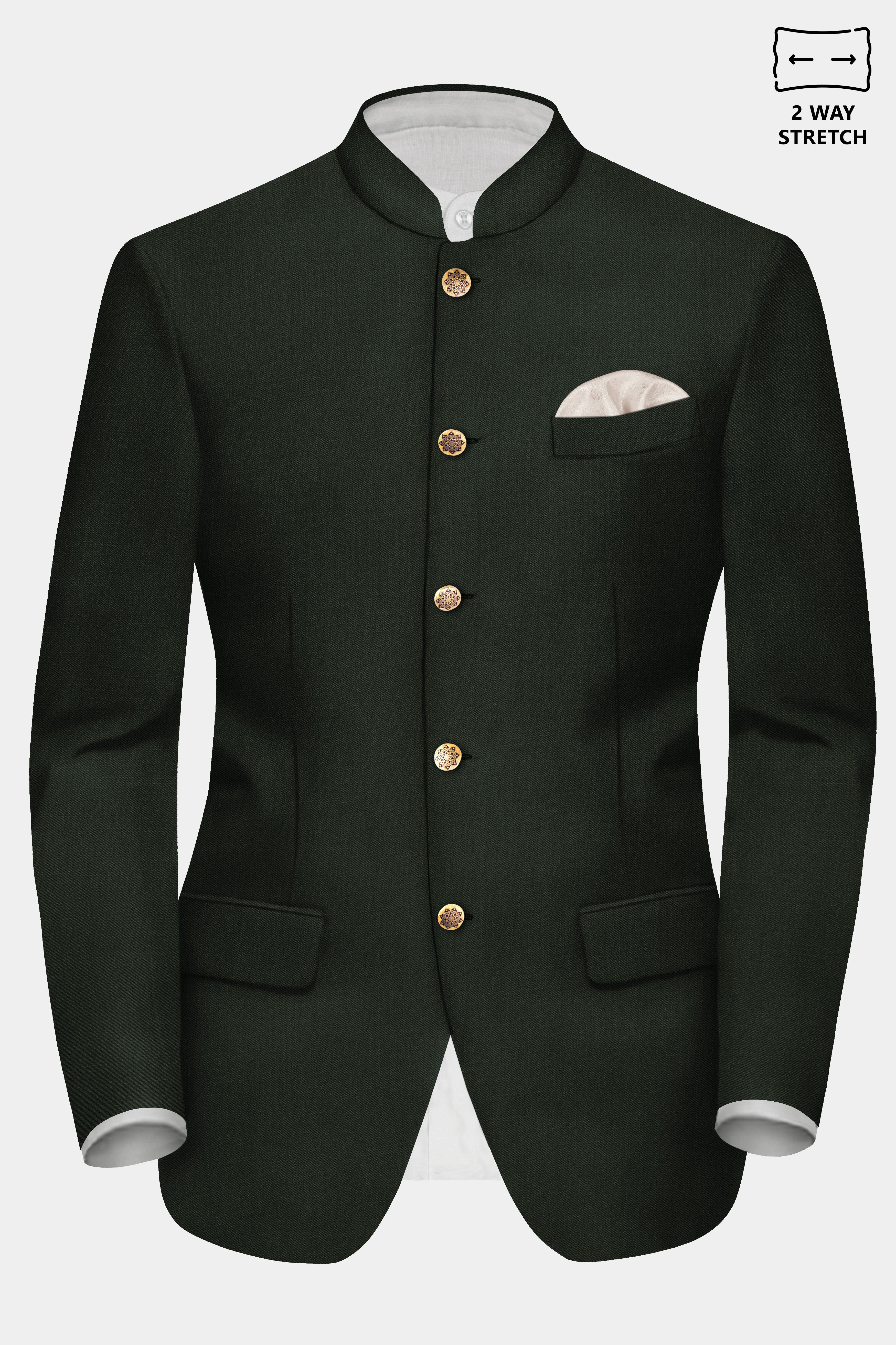 Verdant Majesty-Juniper Green Solid Wool Rich Bandhgala Stretchable traveler Blazer