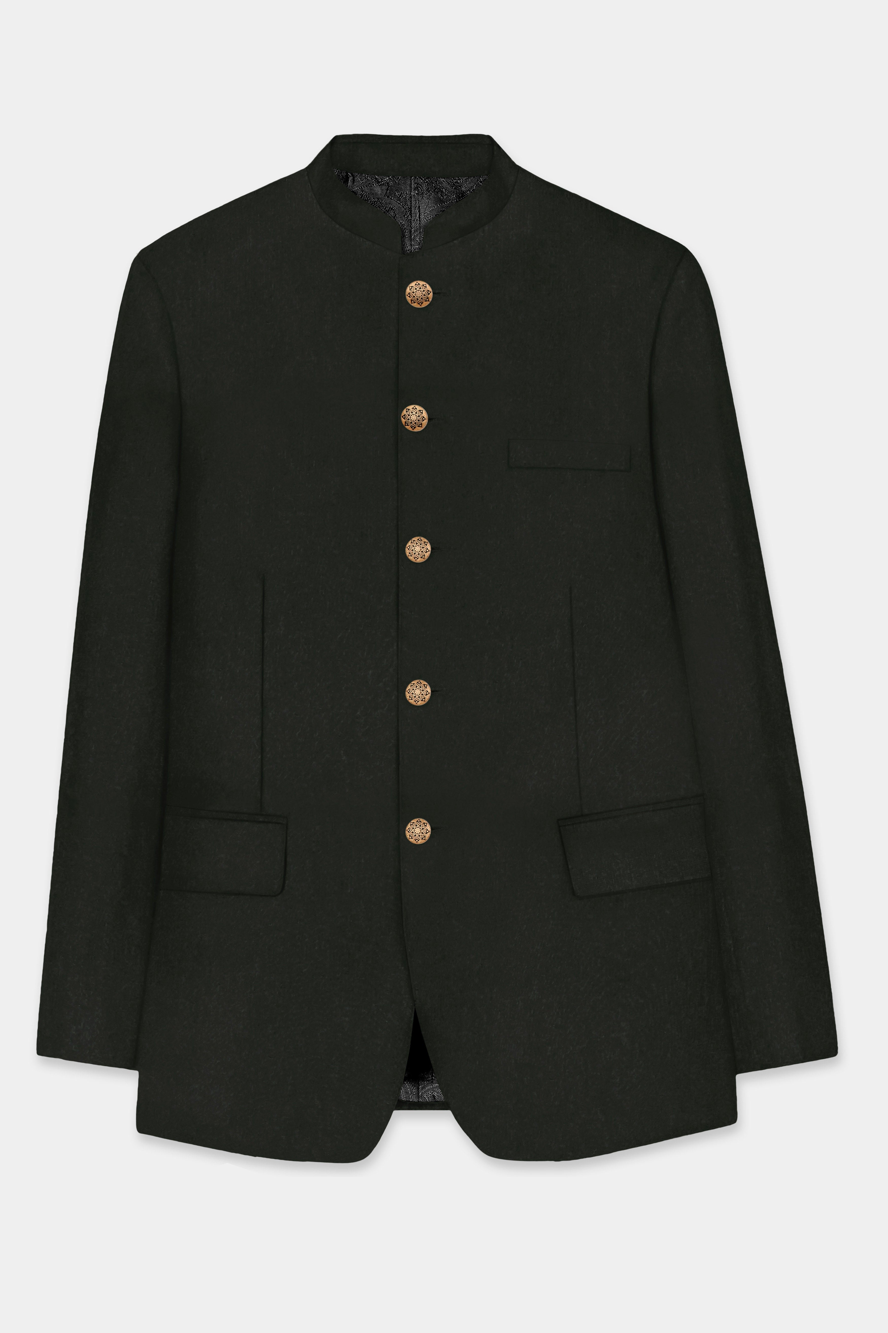 Verdant Majesty-Juniper Green Solid Wool Rich Bandhgala Stretchable traveler Blazer