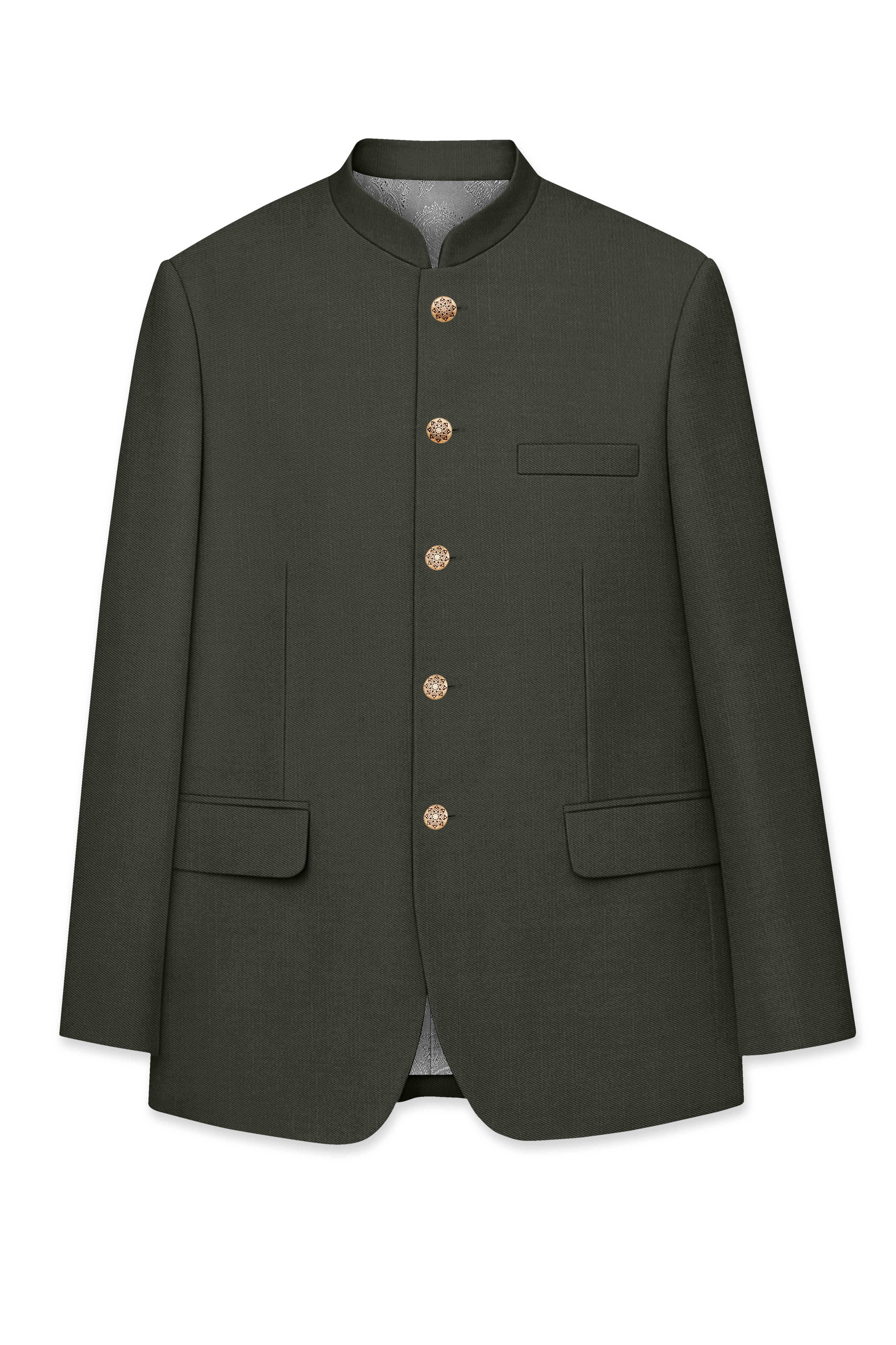 Verdant Majesty-Juniper Green Solid Wool Rich Bandhgala Slight Stretch Blazer